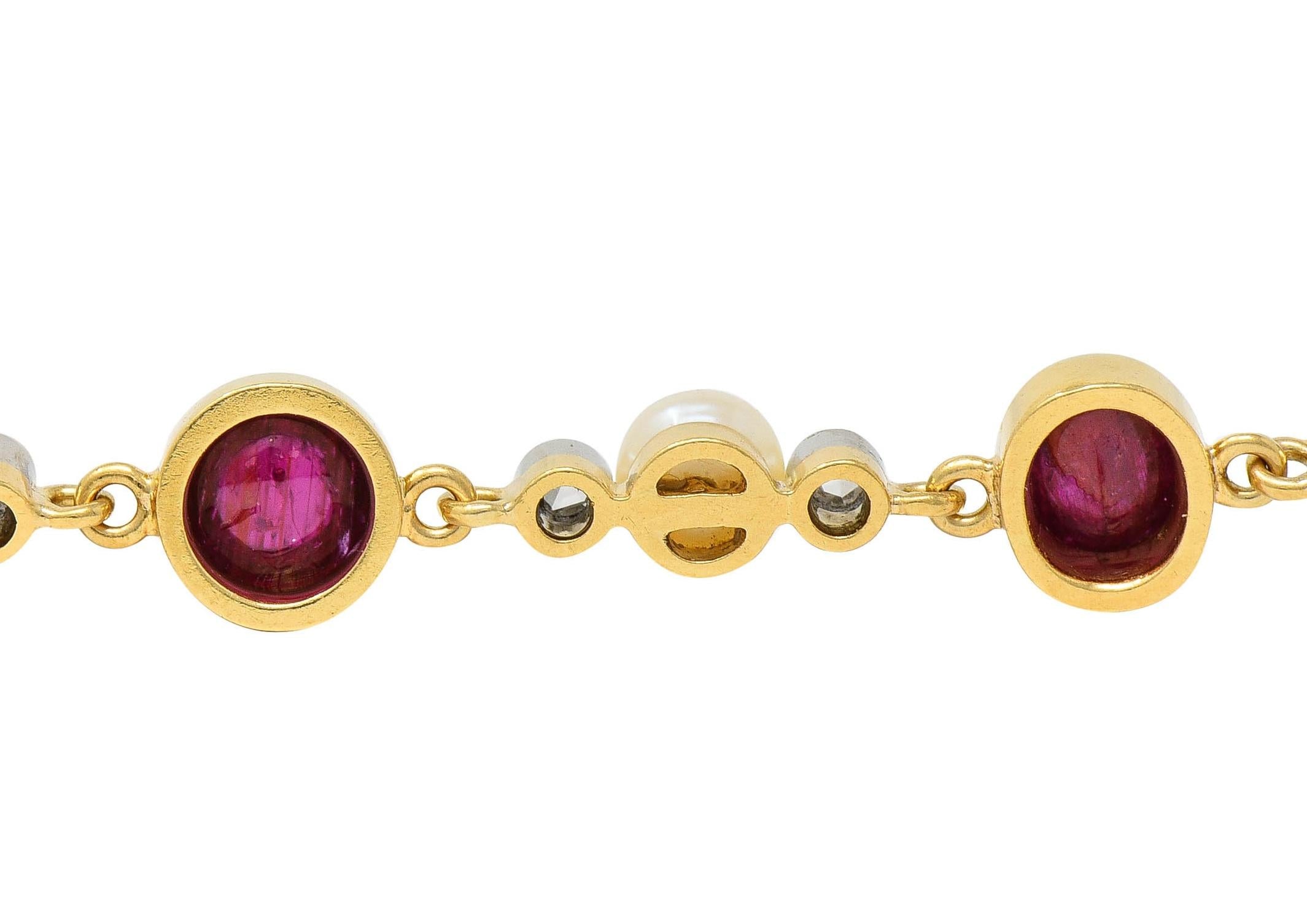 Edwardian French Ruby Diamond Pearl Platinum 18K Gold Antique Line Bracelet