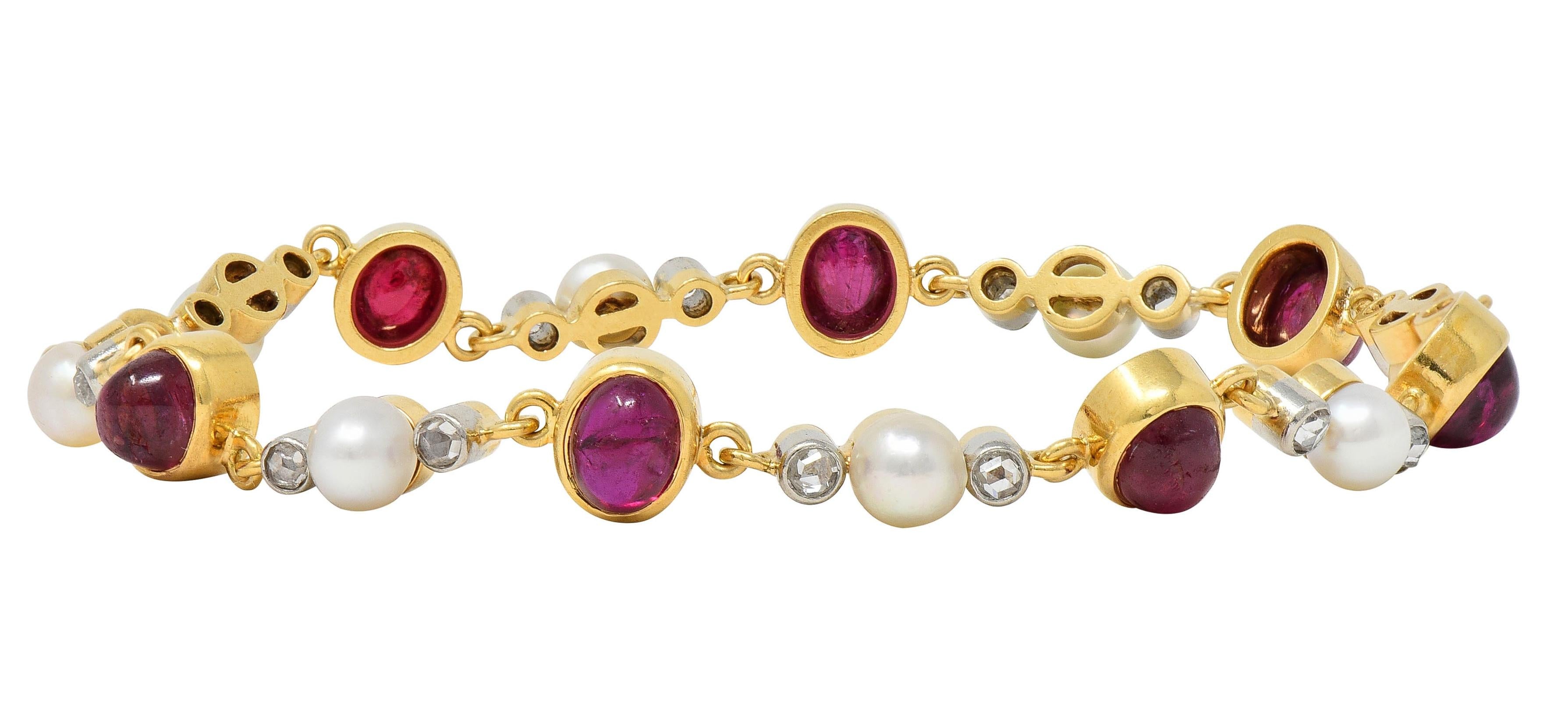 Edwardian French Ruby Diamond Pearl Platinum 18K Gold Antique Line Bracelet