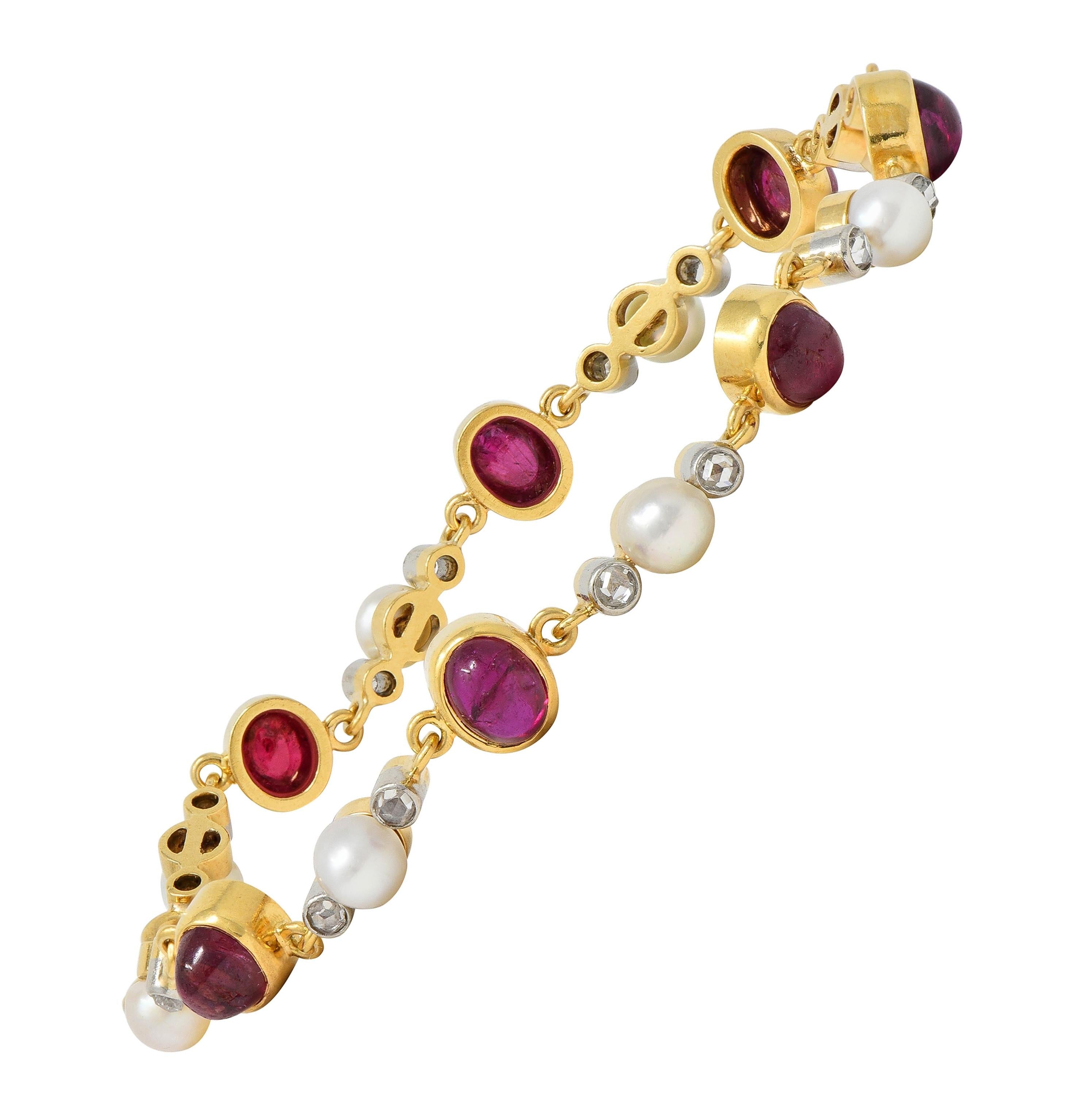 Edwardian French Ruby Diamond Pearl Platinum 18K Gold Antique Line Bracelet