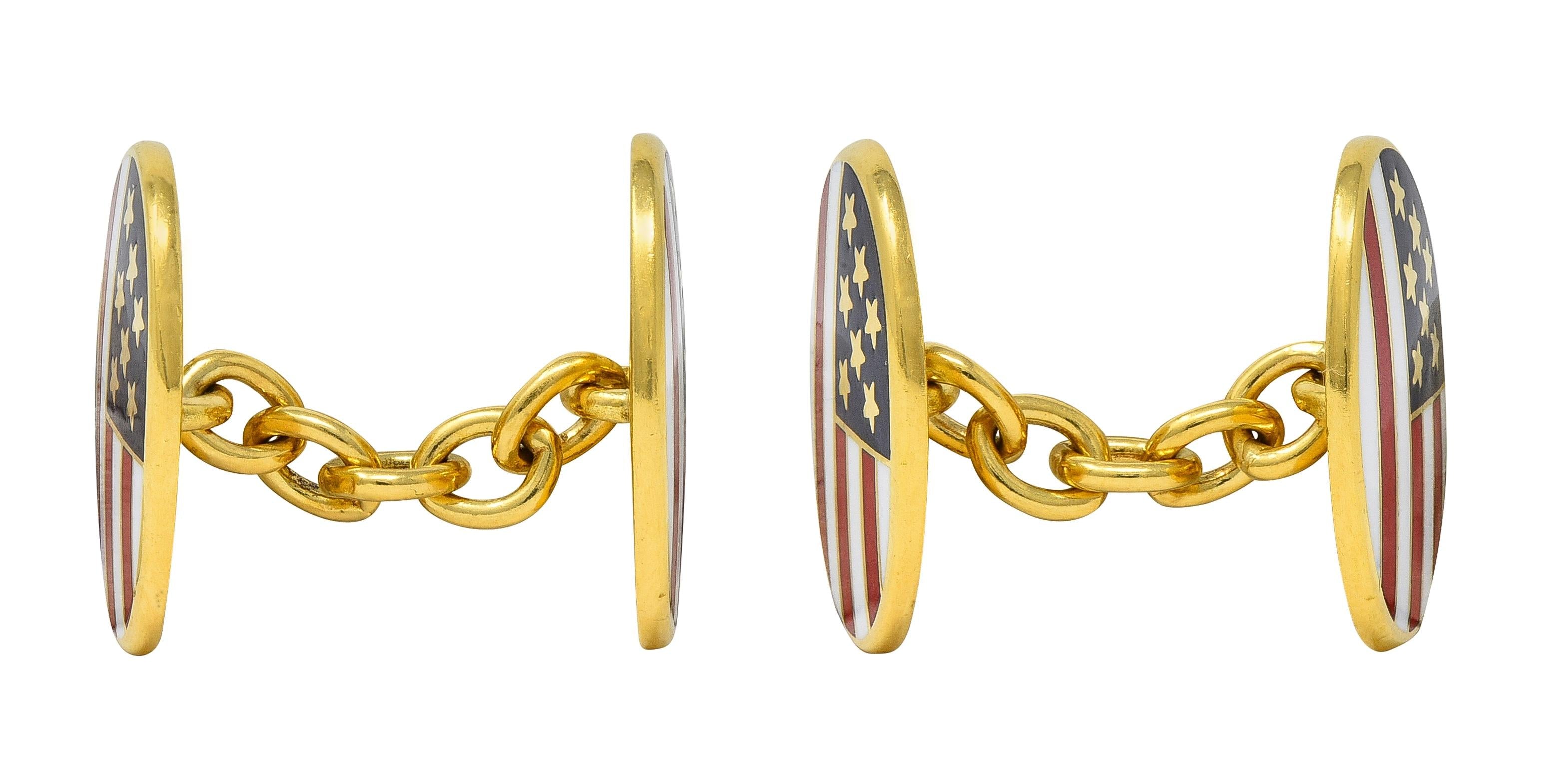 Cartier Enamel 18 Karat Yellow Gold Vintage American Flag Cufflinks