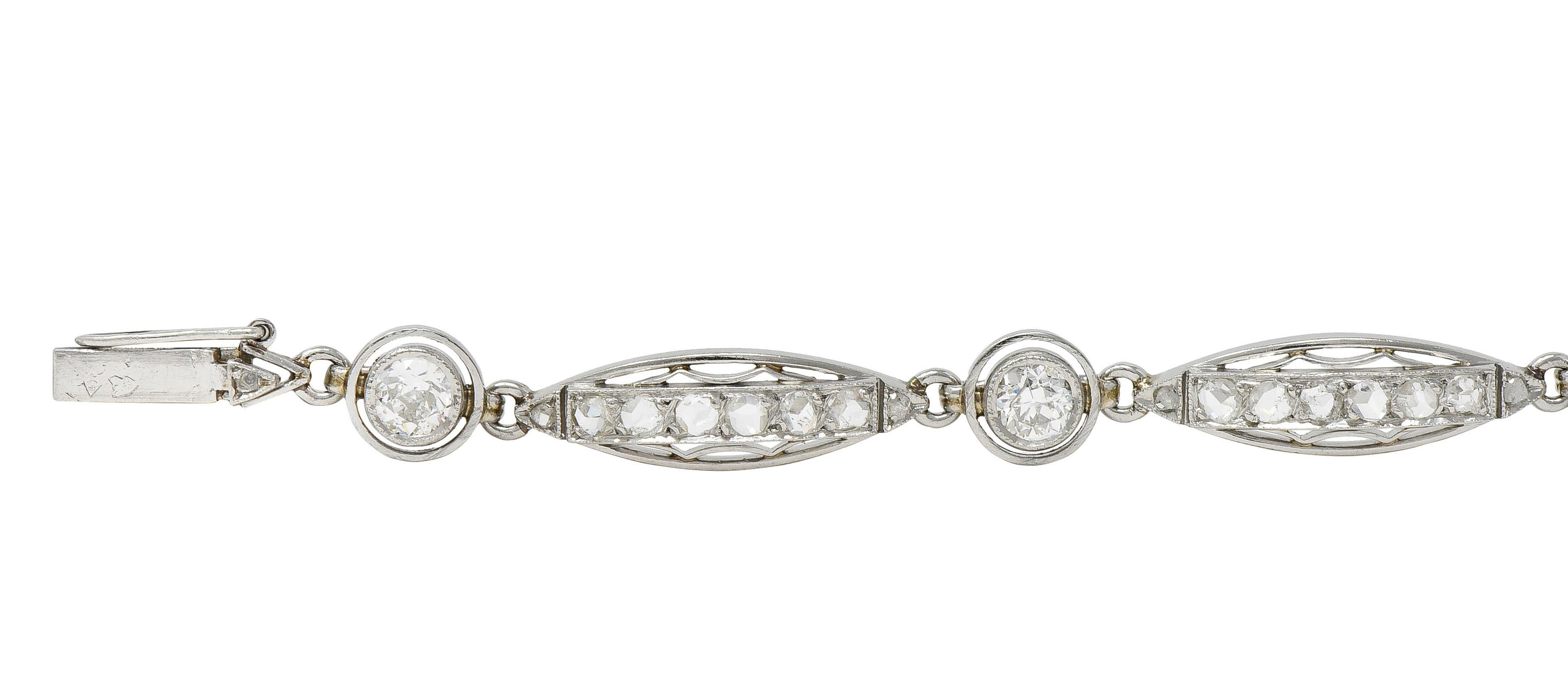 French Art Deco Old European Diamond Platinum Vintage Fancy Link Line Bracelet