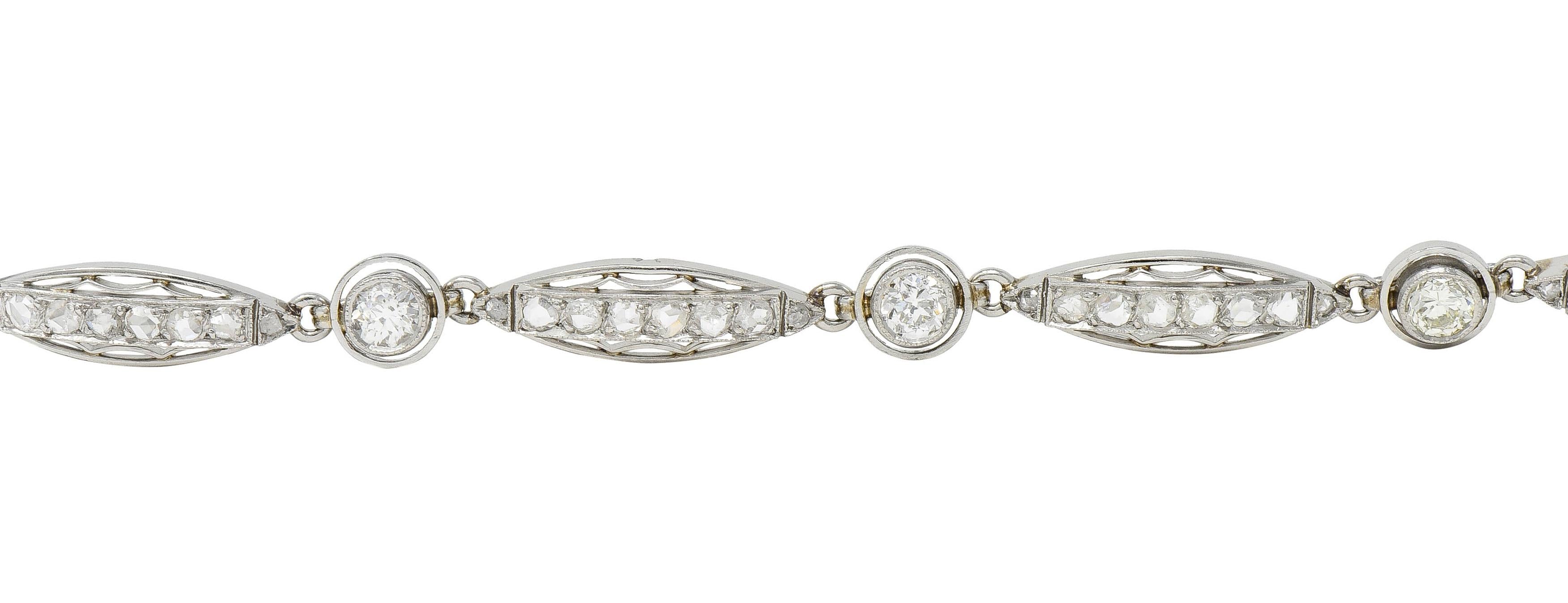 French Art Deco Old European Diamond Platinum Vintage Fancy Link Line Bracelet