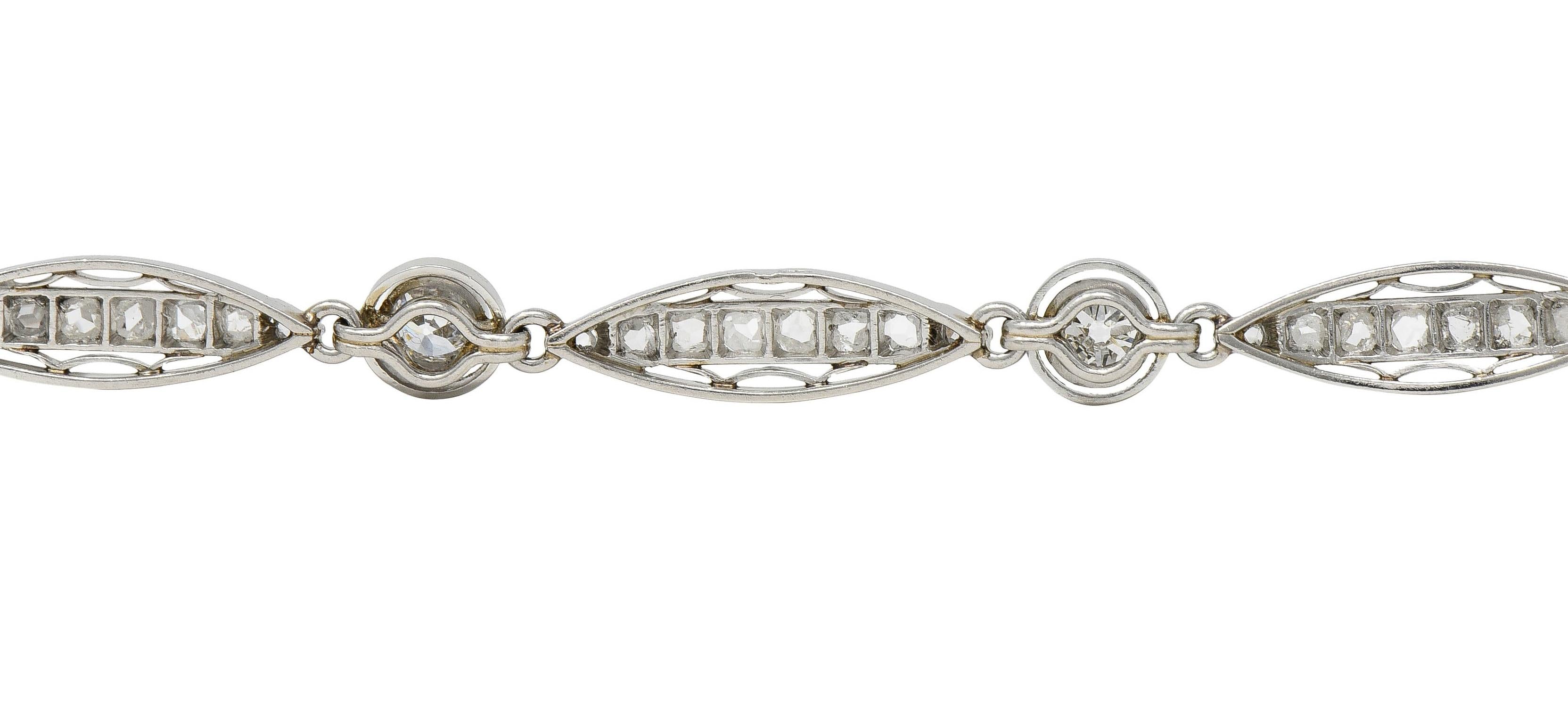 French Art Deco Old European Diamond Platinum Vintage Fancy Link Line Bracelet