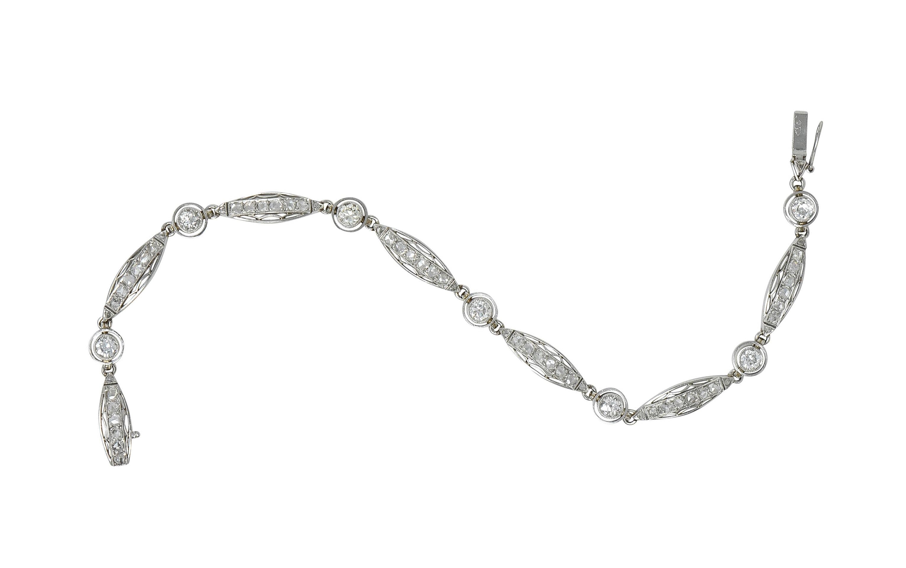 French Art Deco Old European Diamond Platinum Vintage Fancy Link Line Bracelet