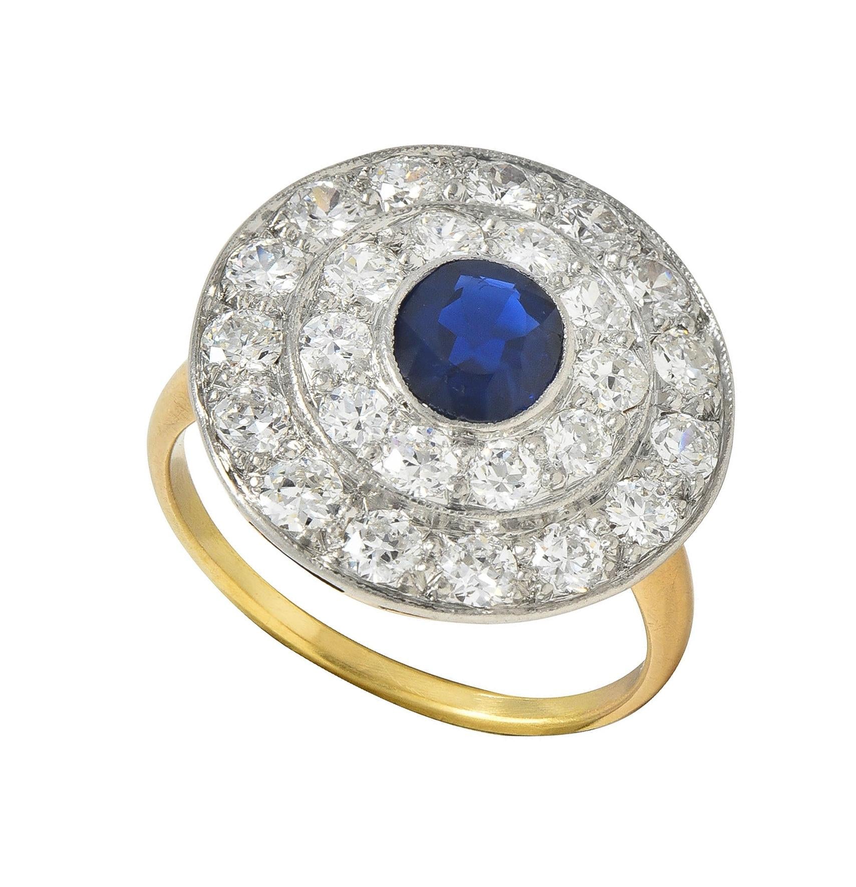 Edwardian 2.80 CTW Sapphire Diamond Platinum 18 Karat Gold Antique Cluster Ring