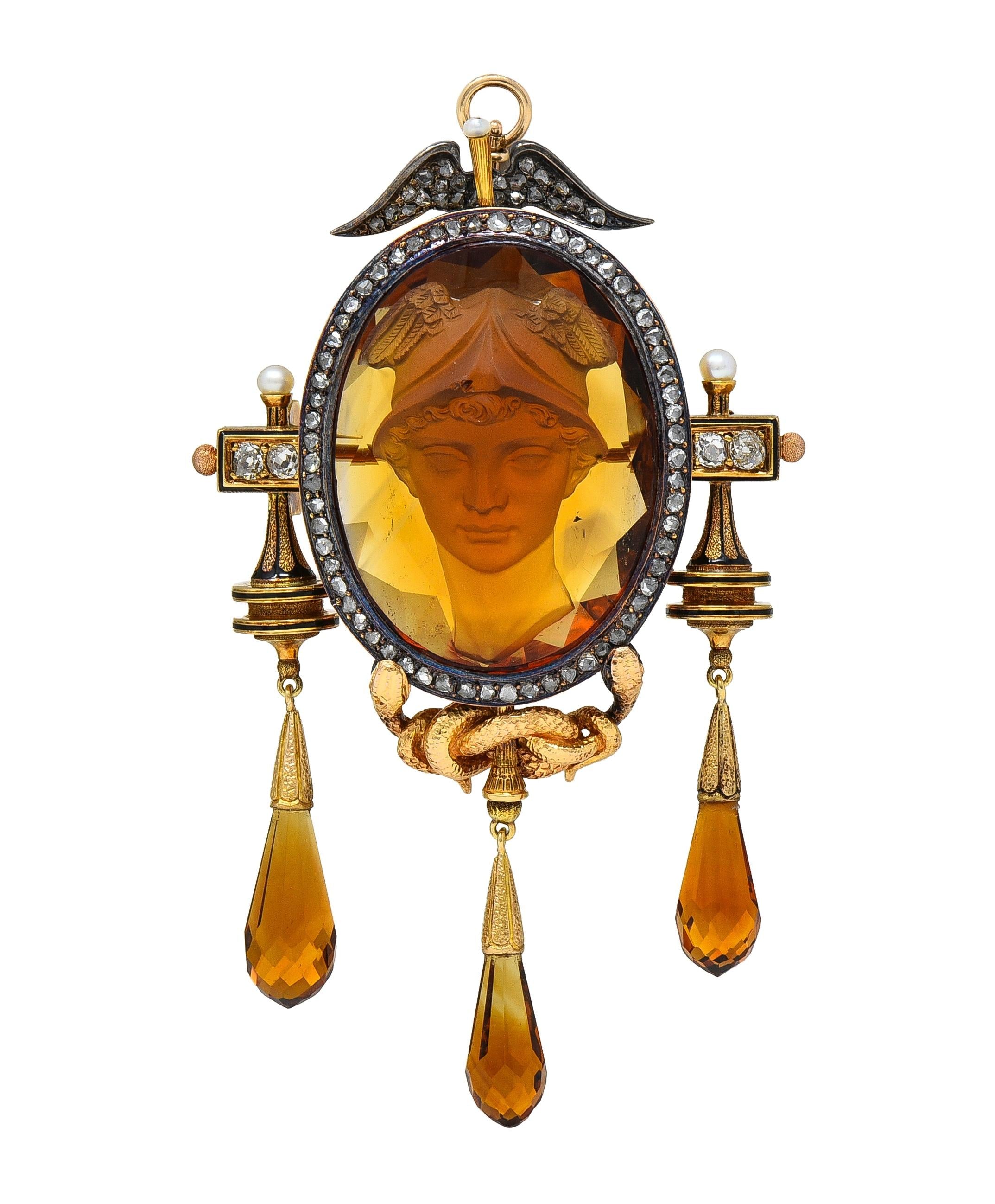 Victorian Diamond Citrine 18K Gold Antique Greek God Hermés Cameo Pendant Brooch