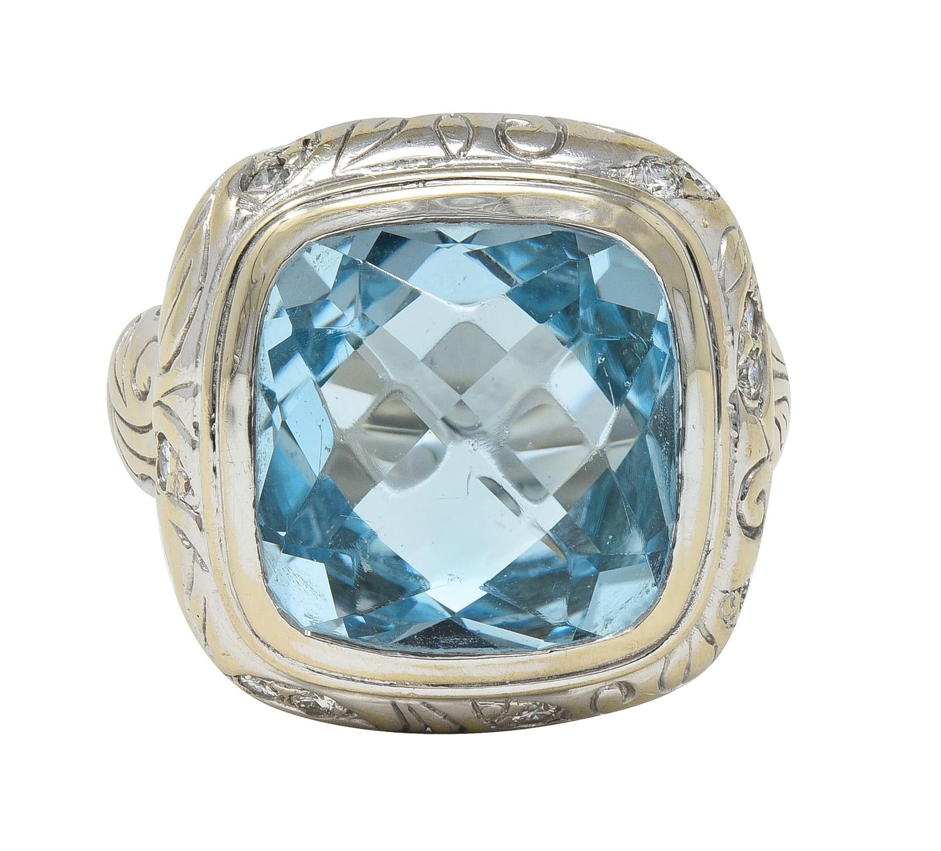 SeidenGang 2000's 11.40 CTW Aquamarine Diamond 14 Karat White Gold Foliate Ring