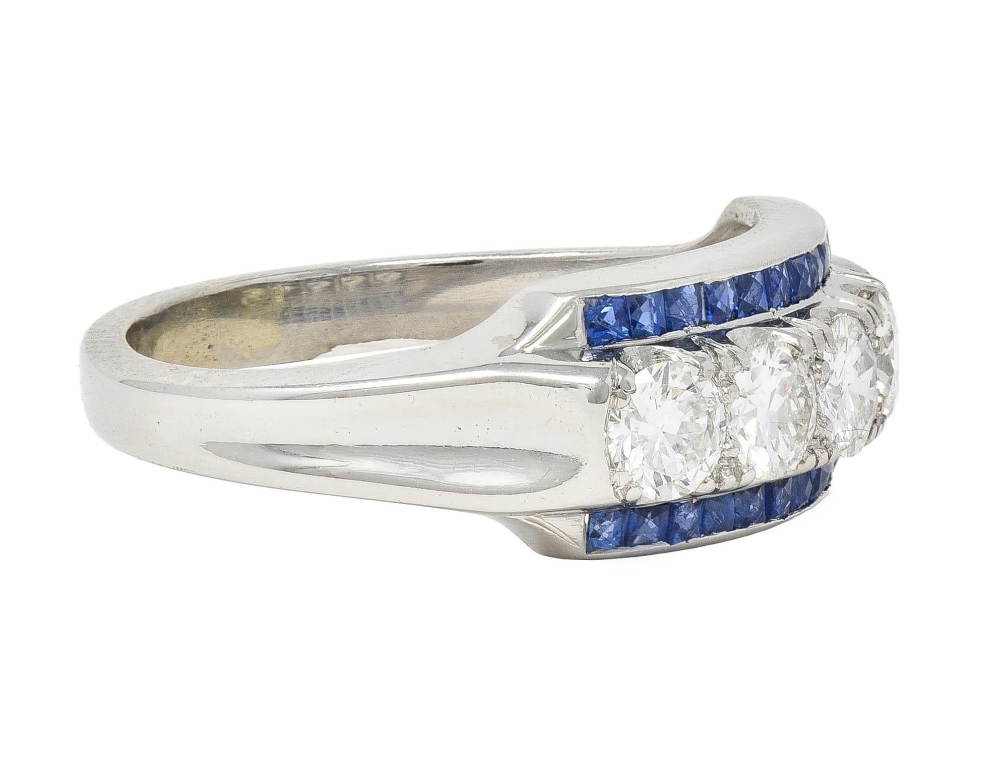 Mid-Century 1.38 CTW Diamond Sapphire Platinum Vintage Band Ring