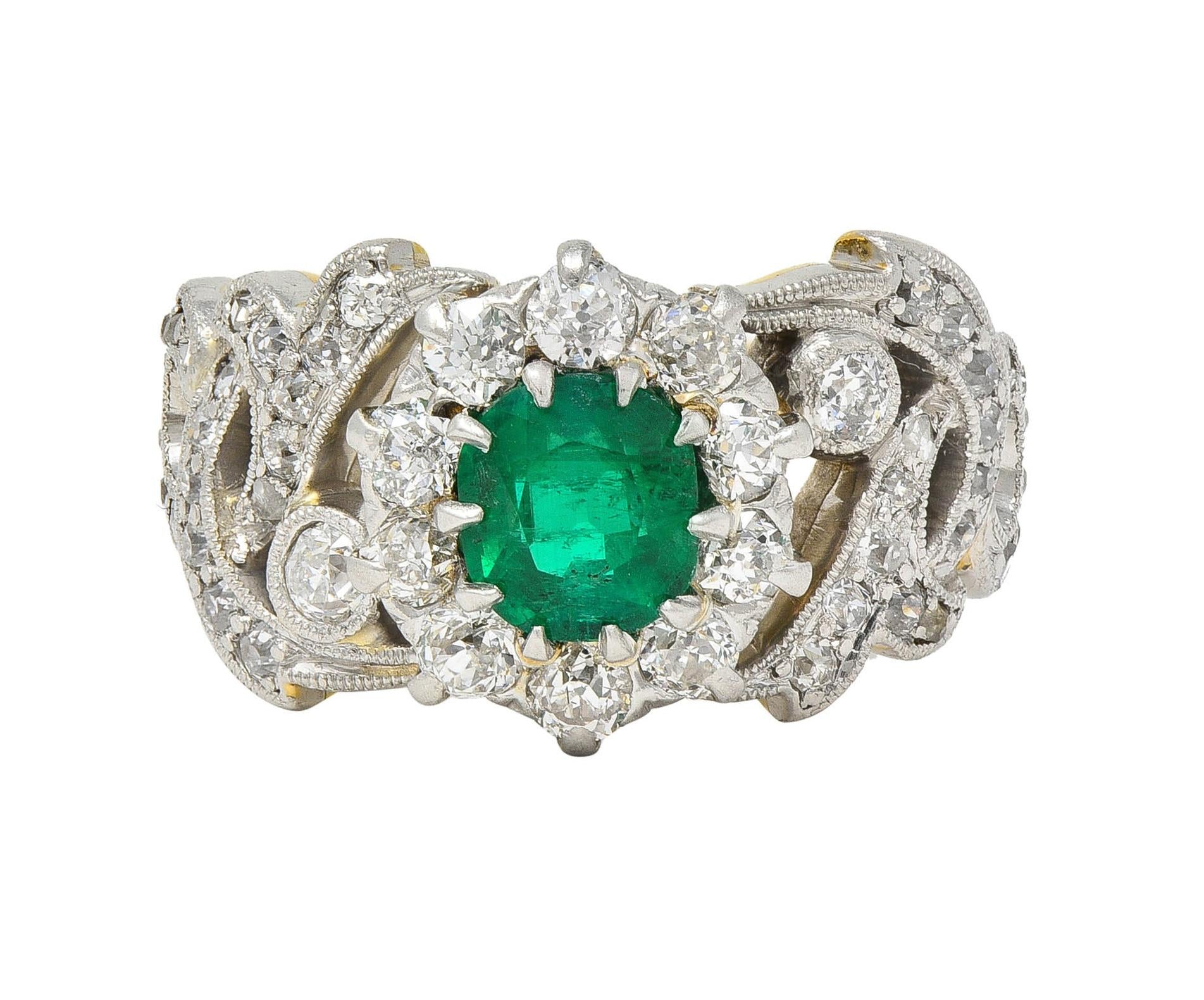 Edwardian 1.85 CTW Emerald Diamond Platinum 14 Karat Gold Antique Halo Ring