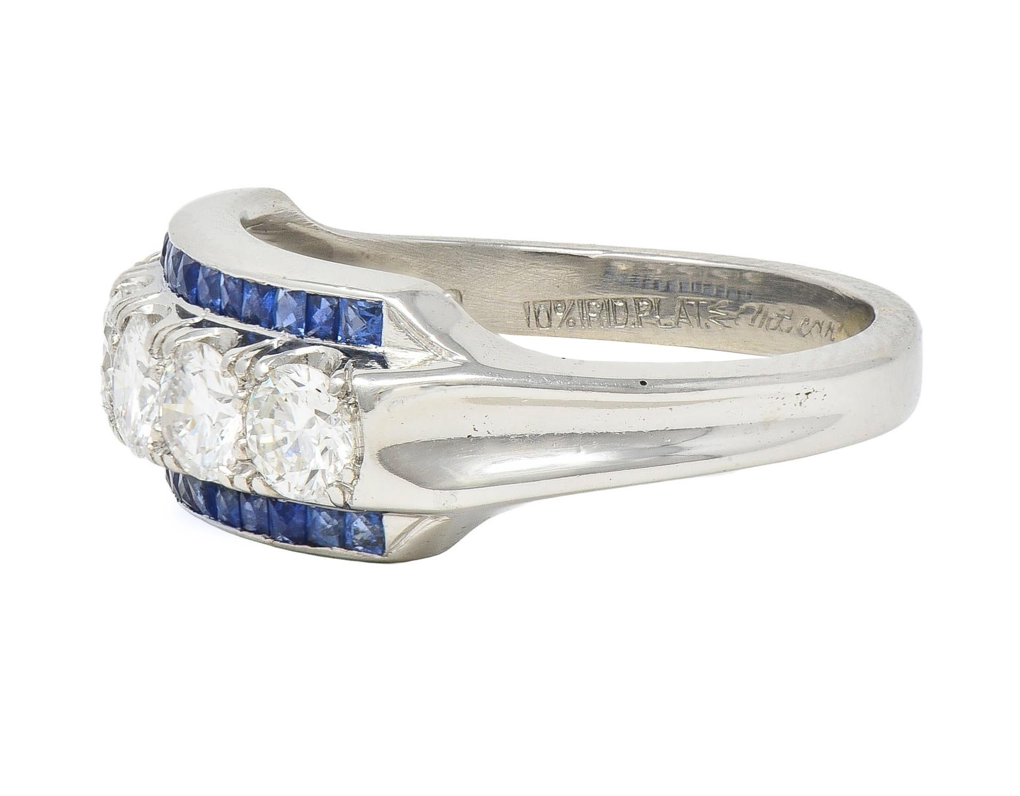 Mid-Century 1.38 CTW Diamond Sapphire Platinum Vintage Band Ring