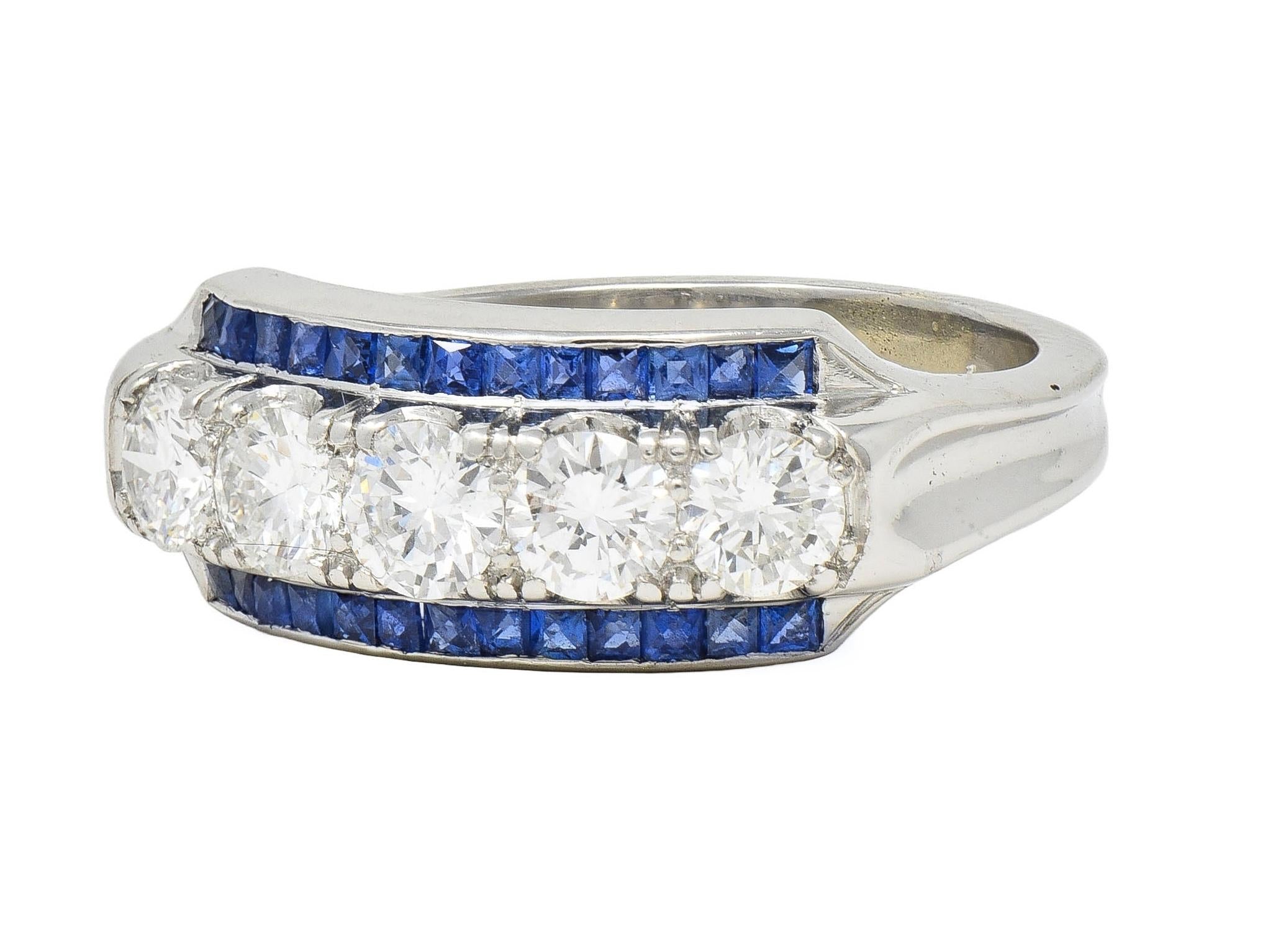 Mid-Century 1.38 CTW Diamond Sapphire Platinum Vintage Band Ring