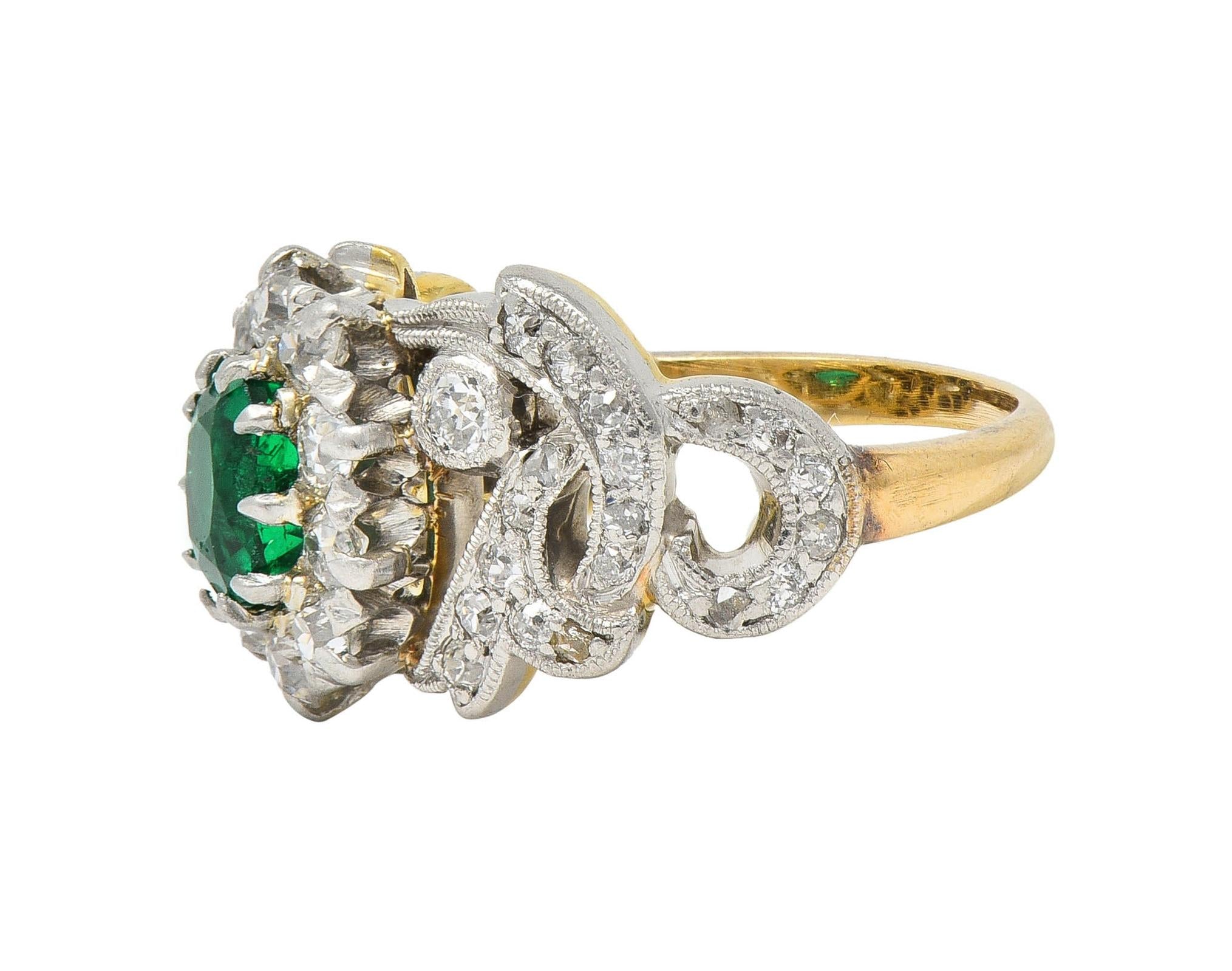 Edwardian 1.85 CTW Emerald Diamond Platinum 14 Karat Gold Antique Halo Ring