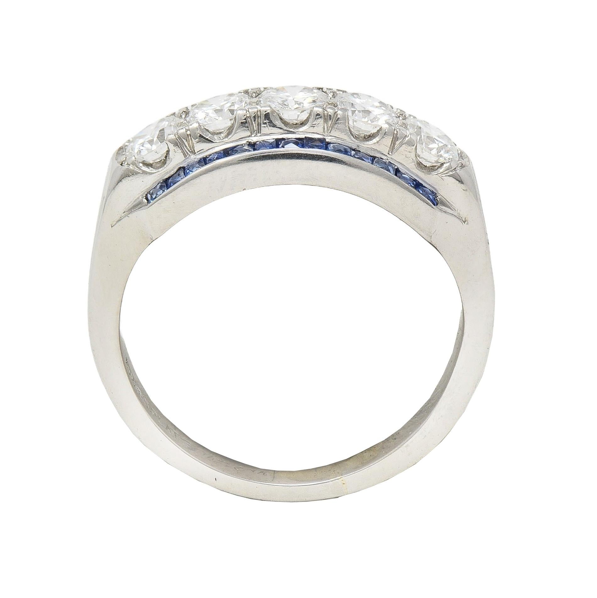 Mid-Century 1.38 CTW Diamond Sapphire Platinum Vintage Band Ring