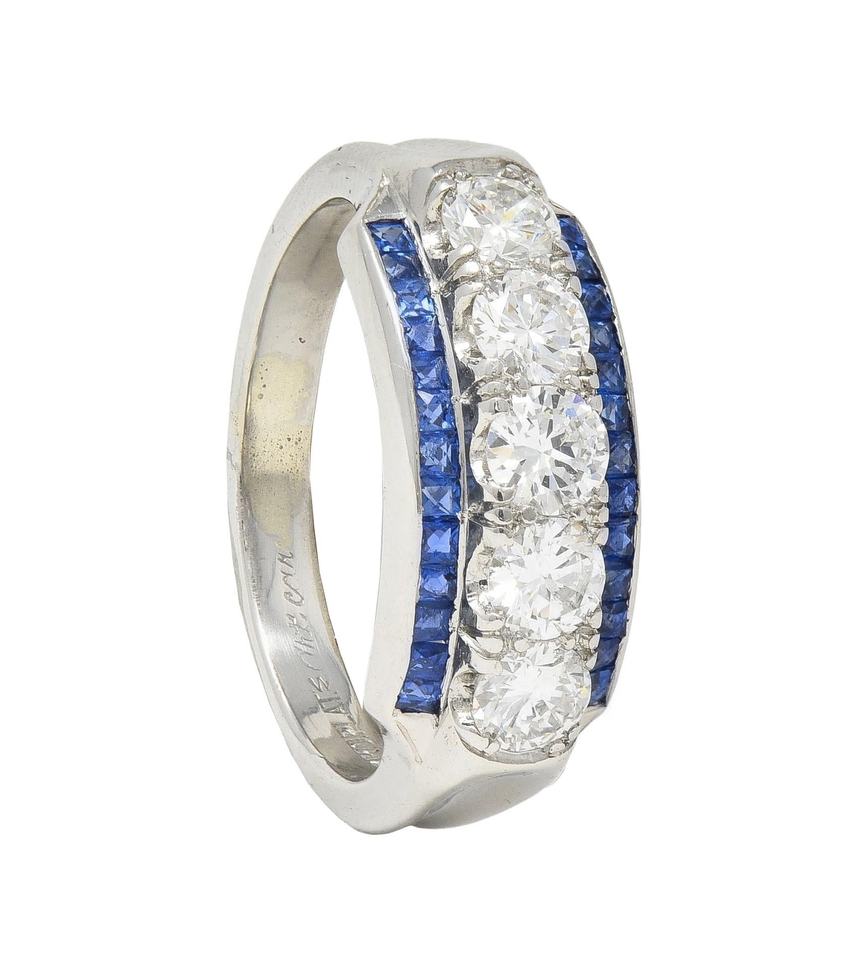 Mid-Century 1.38 CTW Diamond Sapphire Platinum Vintage Band Ring