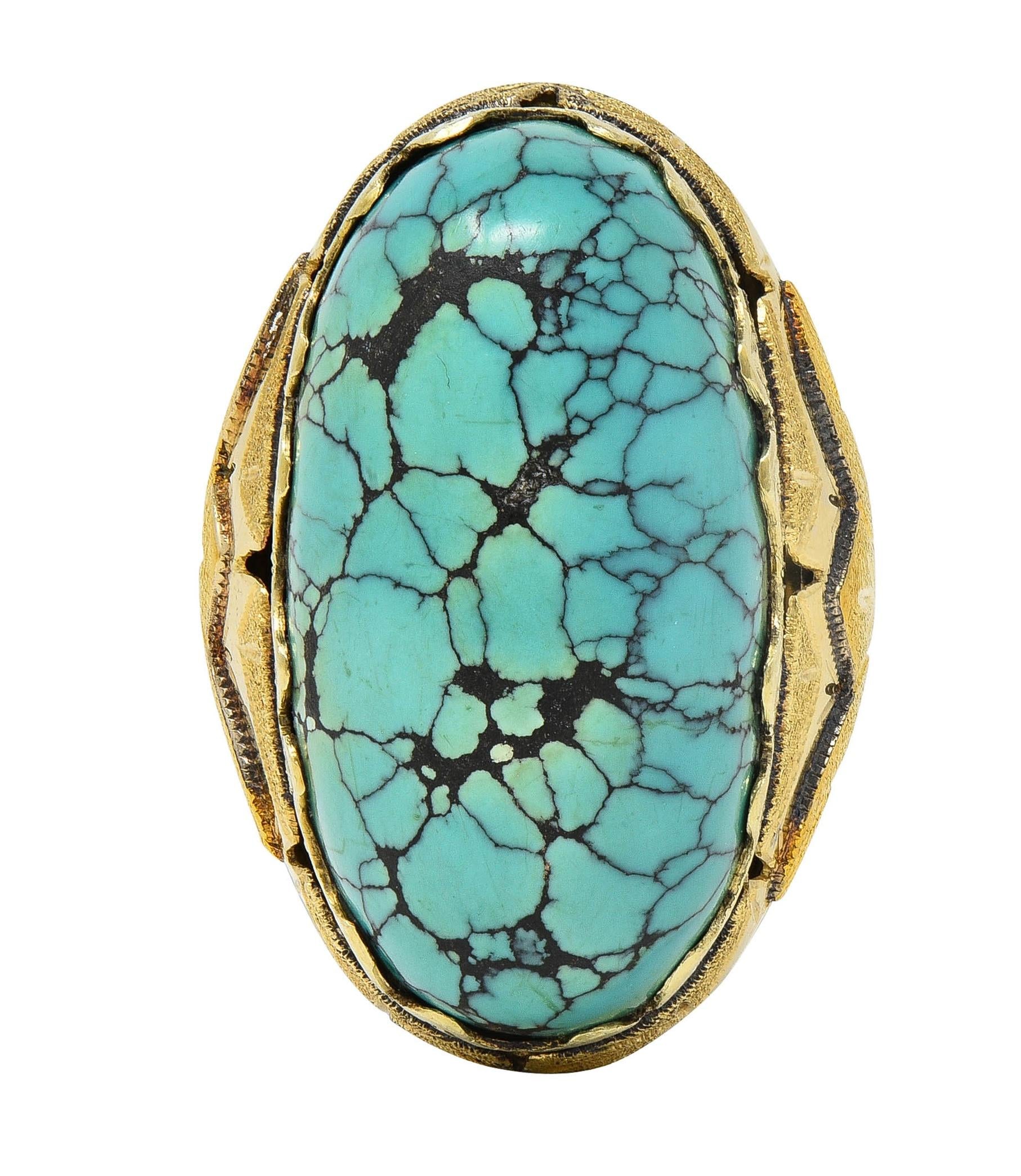 Retro Turquoise Cabochon 14 Karat Yellow Gold Vintage Statement Ring