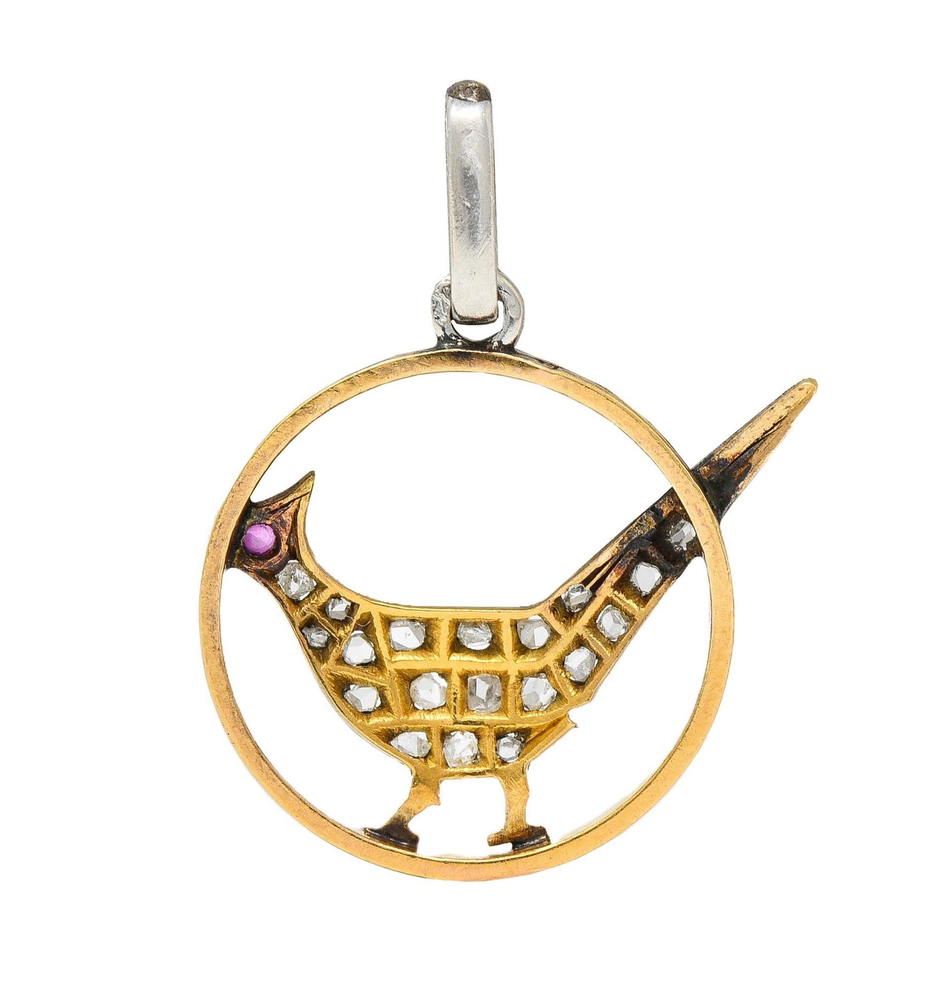 Early Art Deco Diamond Ruby Platinum-Topped 18 Karat Gold Antique Bird Charm