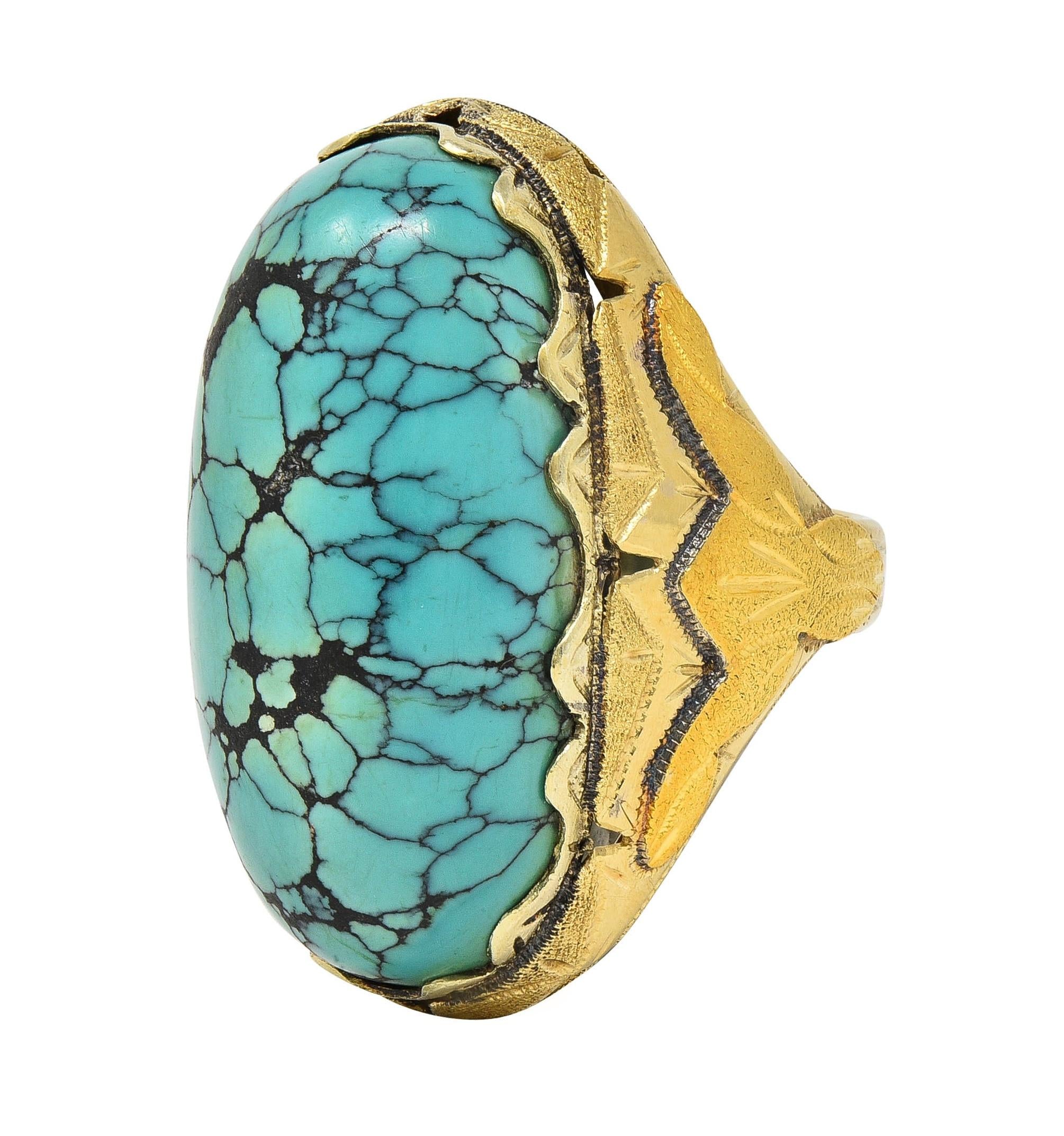 Retro Turquoise Cabochon 14 Karat Yellow Gold Vintage Statement Ring