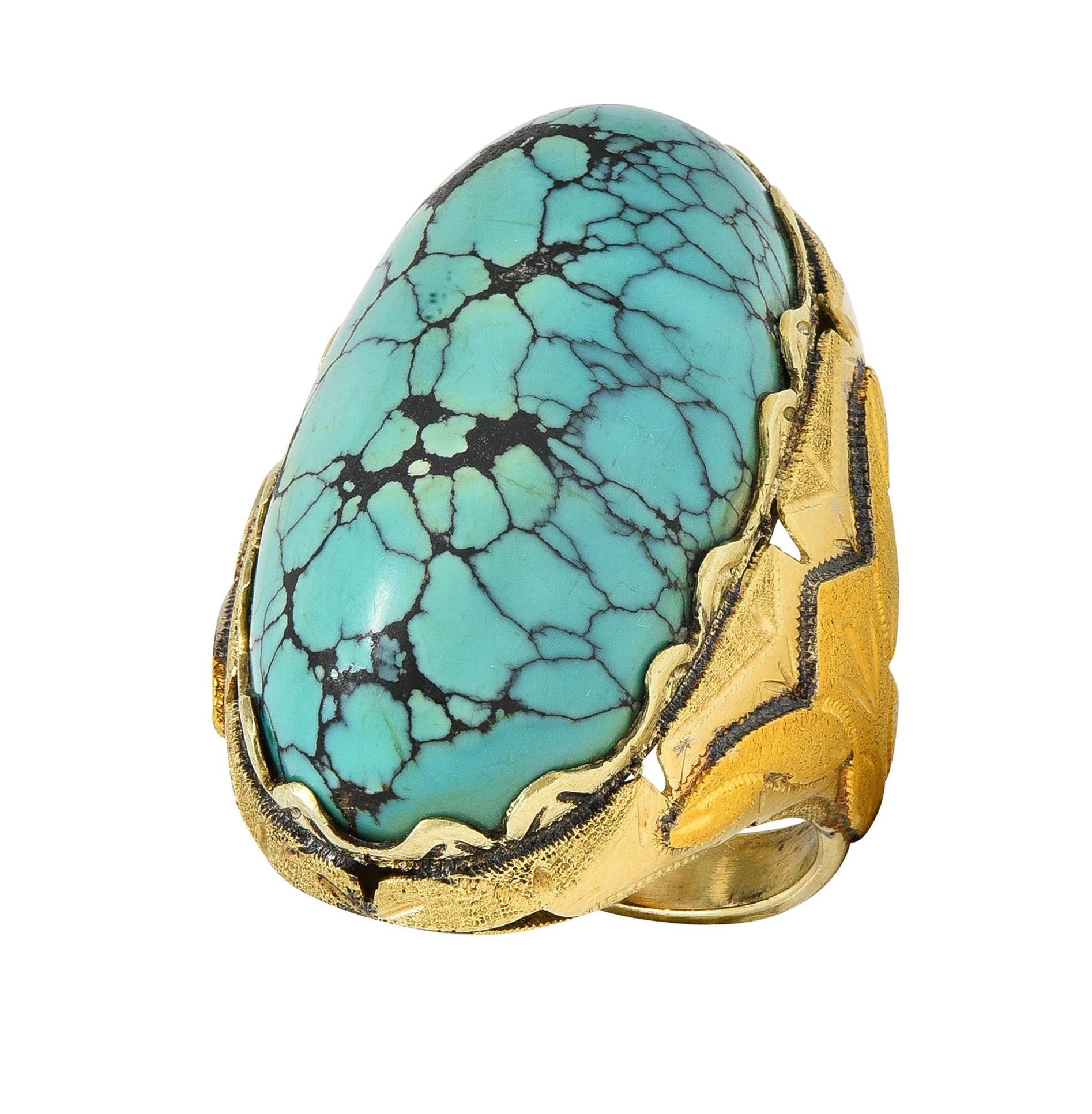 Retro Turquoise Cabochon 14 Karat Yellow Gold Vintage Statement Ring