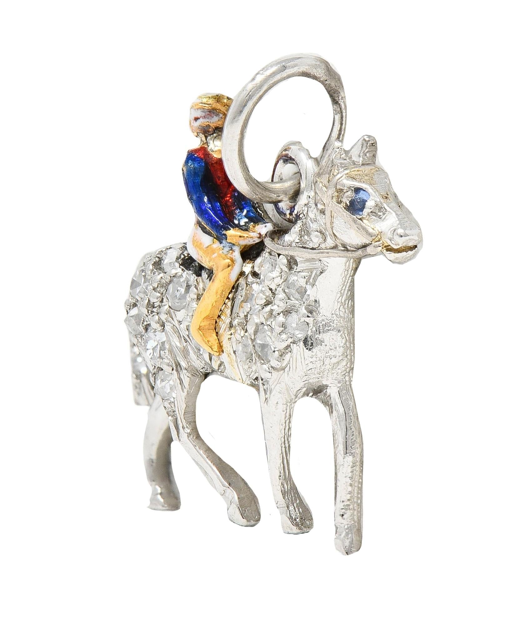 Edwardian Diamond Sapphire Enamel 18K Gold Platinum Race Horse Antique Charm