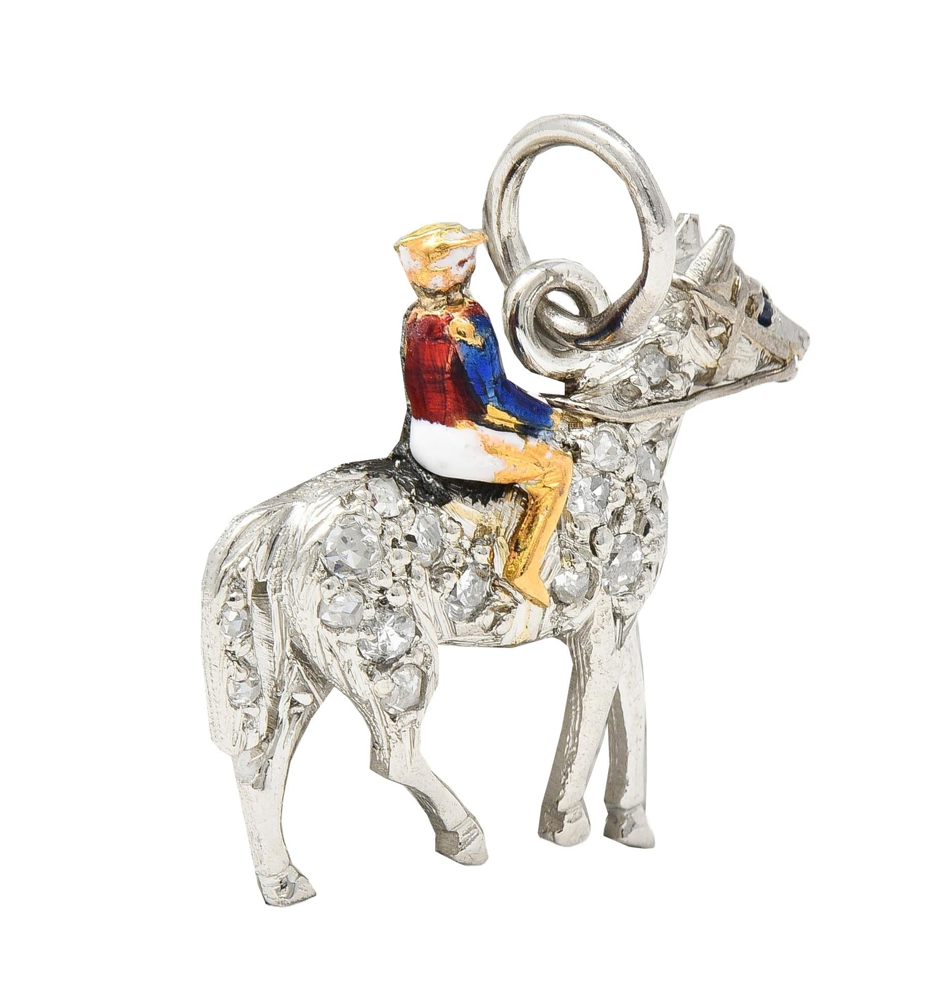 Edwardian Diamond Sapphire Enamel 18K Gold Platinum Race Horse Antique Charm