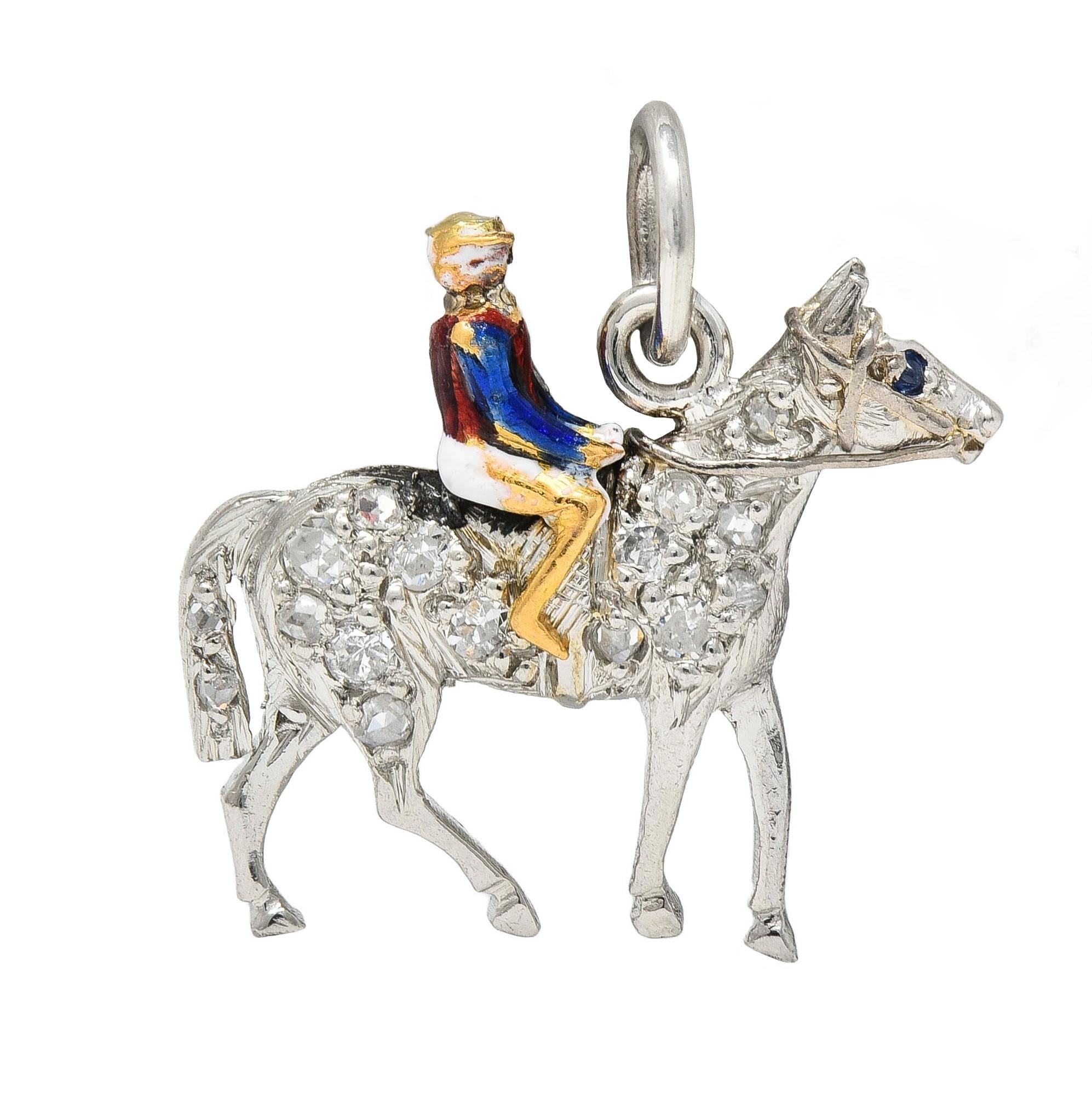 Edwardian Diamond Sapphire Enamel 18K Gold Platinum Race Horse Antique Charm