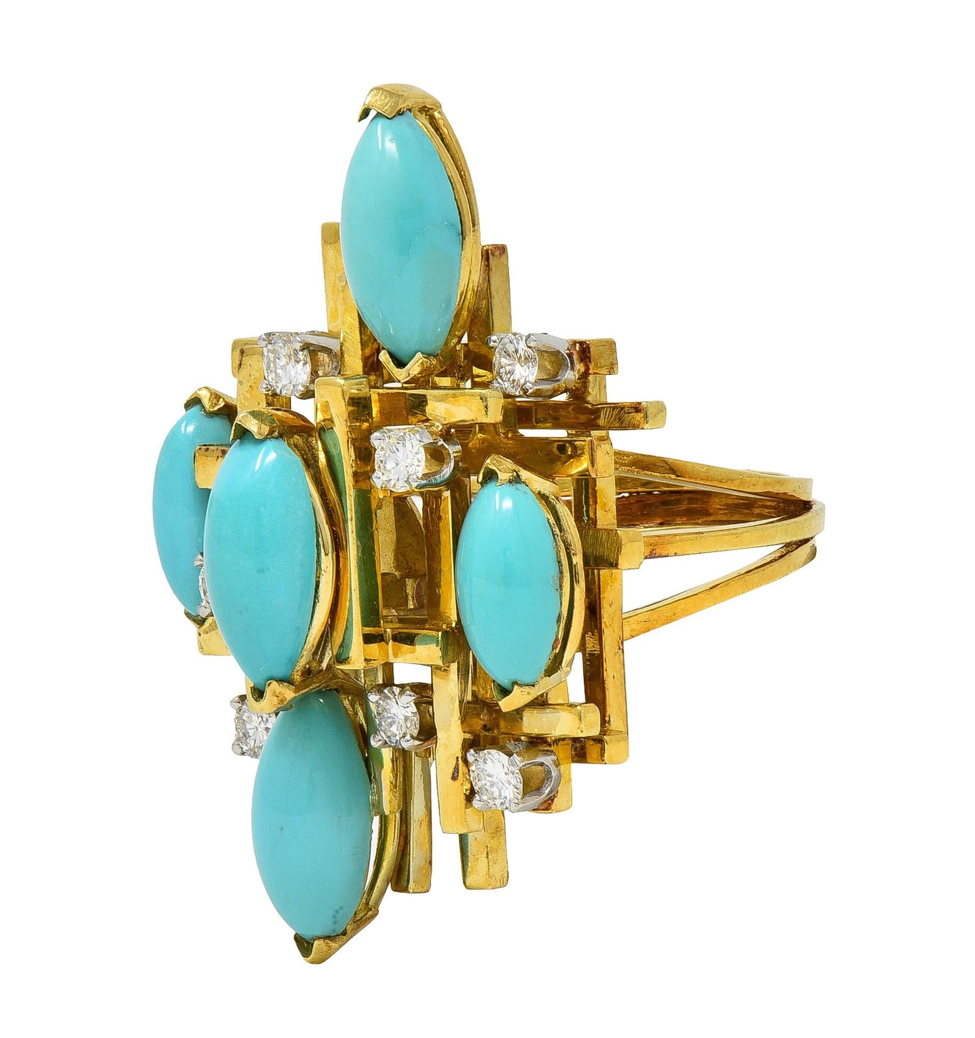 Henry Dunay Modernist Diamond Turquoise Platinum 18K Gold Cocktail Ring