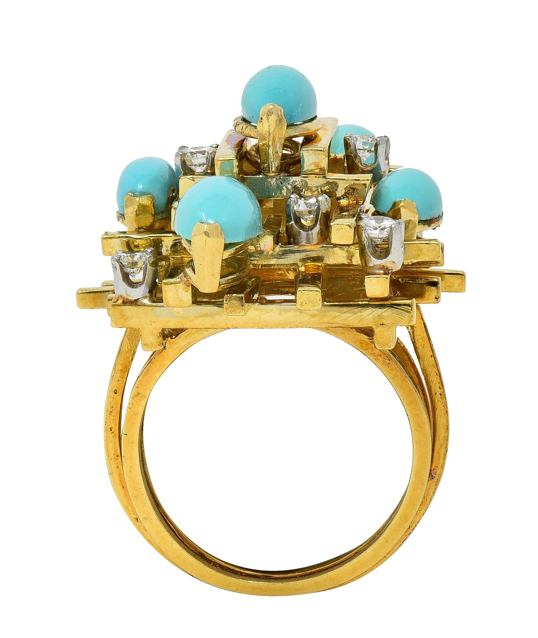 Henry Dunay Modernist Diamond Turquoise Platinum 18K Gold Cocktail Ring