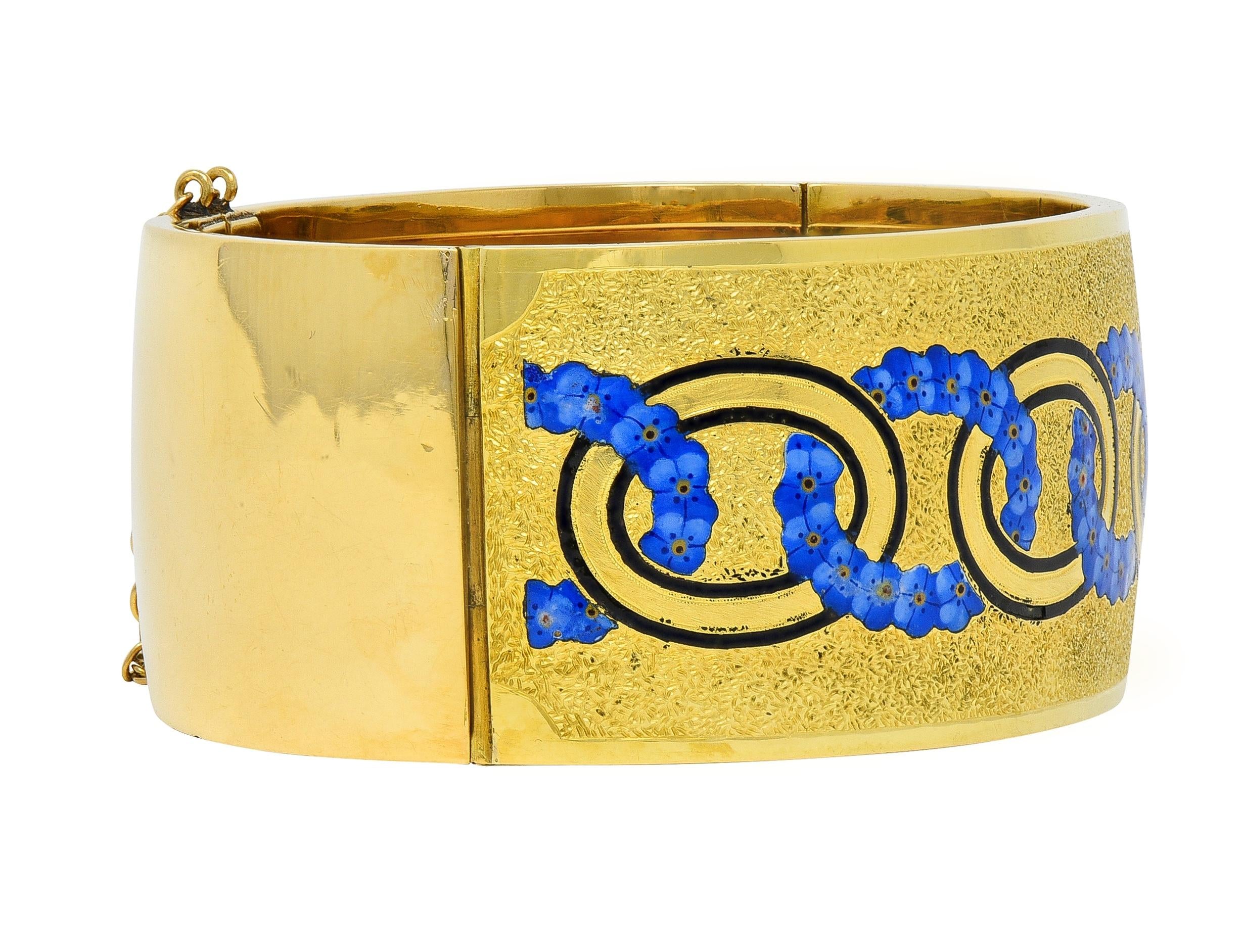 Victorian Enamel 18 Karat Yellow Gold Antique Forget-Me-Not Bangle Bracelet