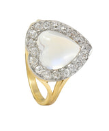 Edwardian Diamond Moonstone Platinum 14K Gold Antique Heart Halo Ring