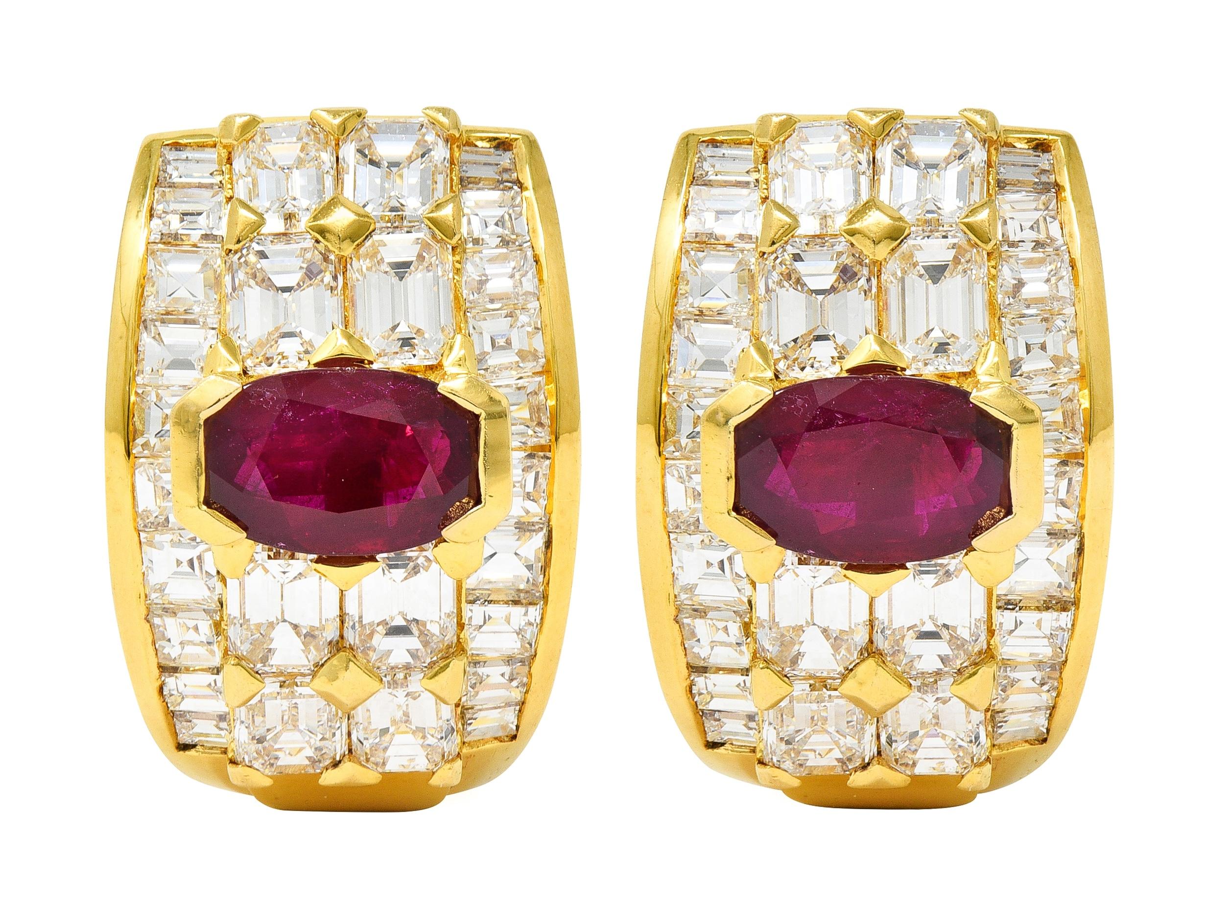 Contemporary 7.25 CTW  Ruby Diamond 18 Karat Yellow Gold J-Hoop Earrings