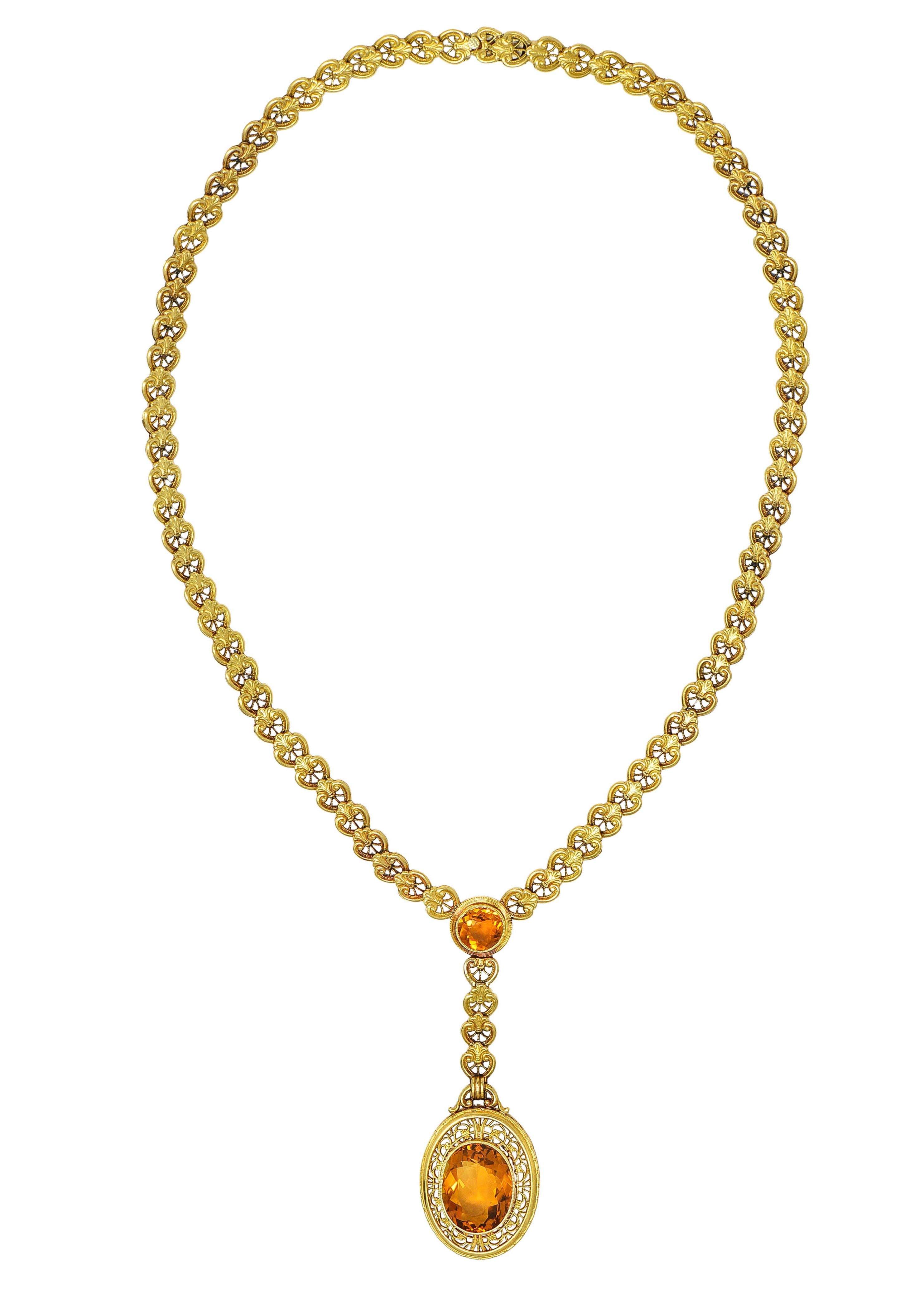 Art Deco Bippart & Co. Citrine 14 Karat Yellow Gold Antique Lotus Drop Necklace