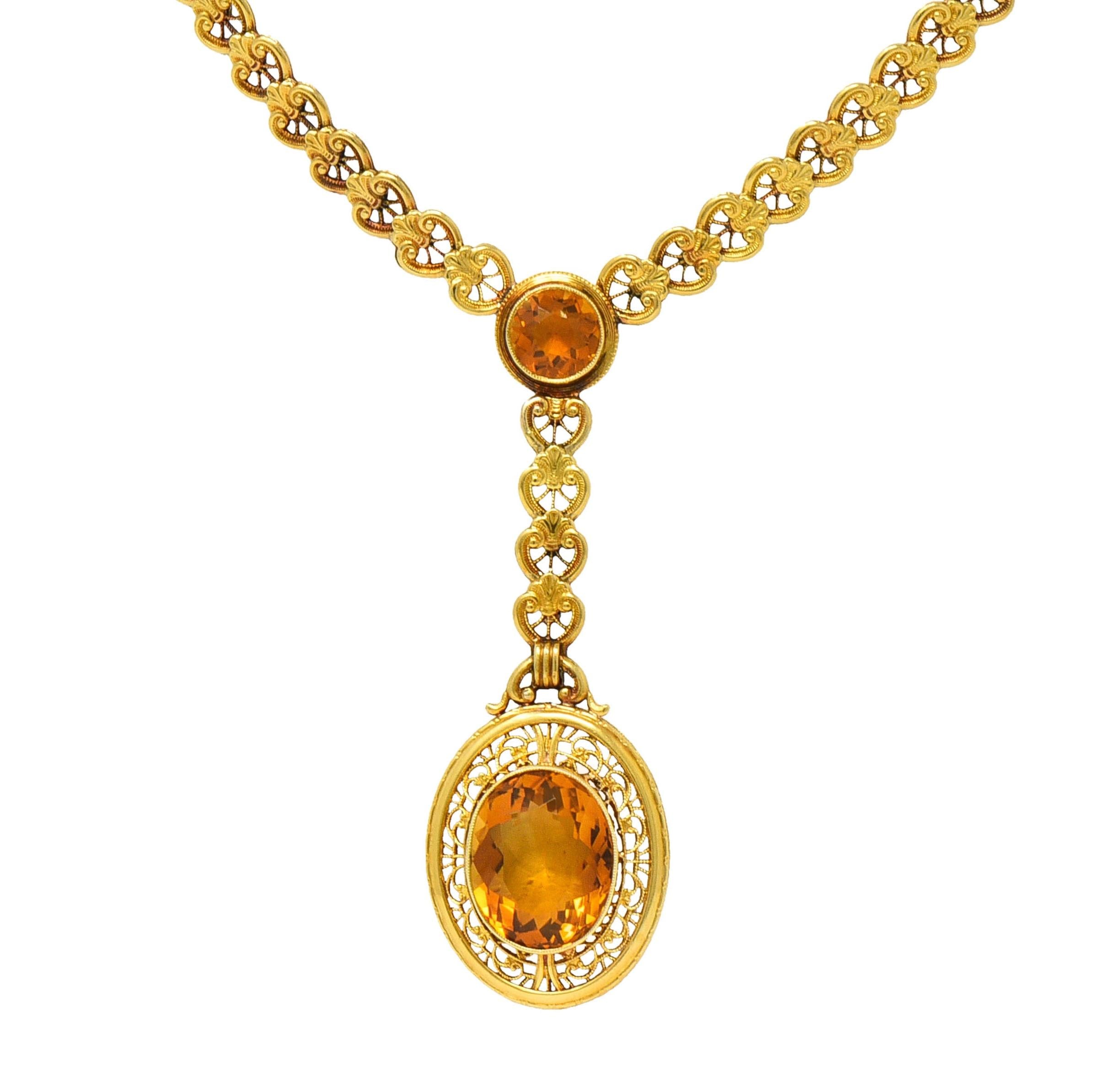 Art Deco Bippart & Co. Citrine 14 Karat Yellow Gold Antique Lotus Drop Necklace