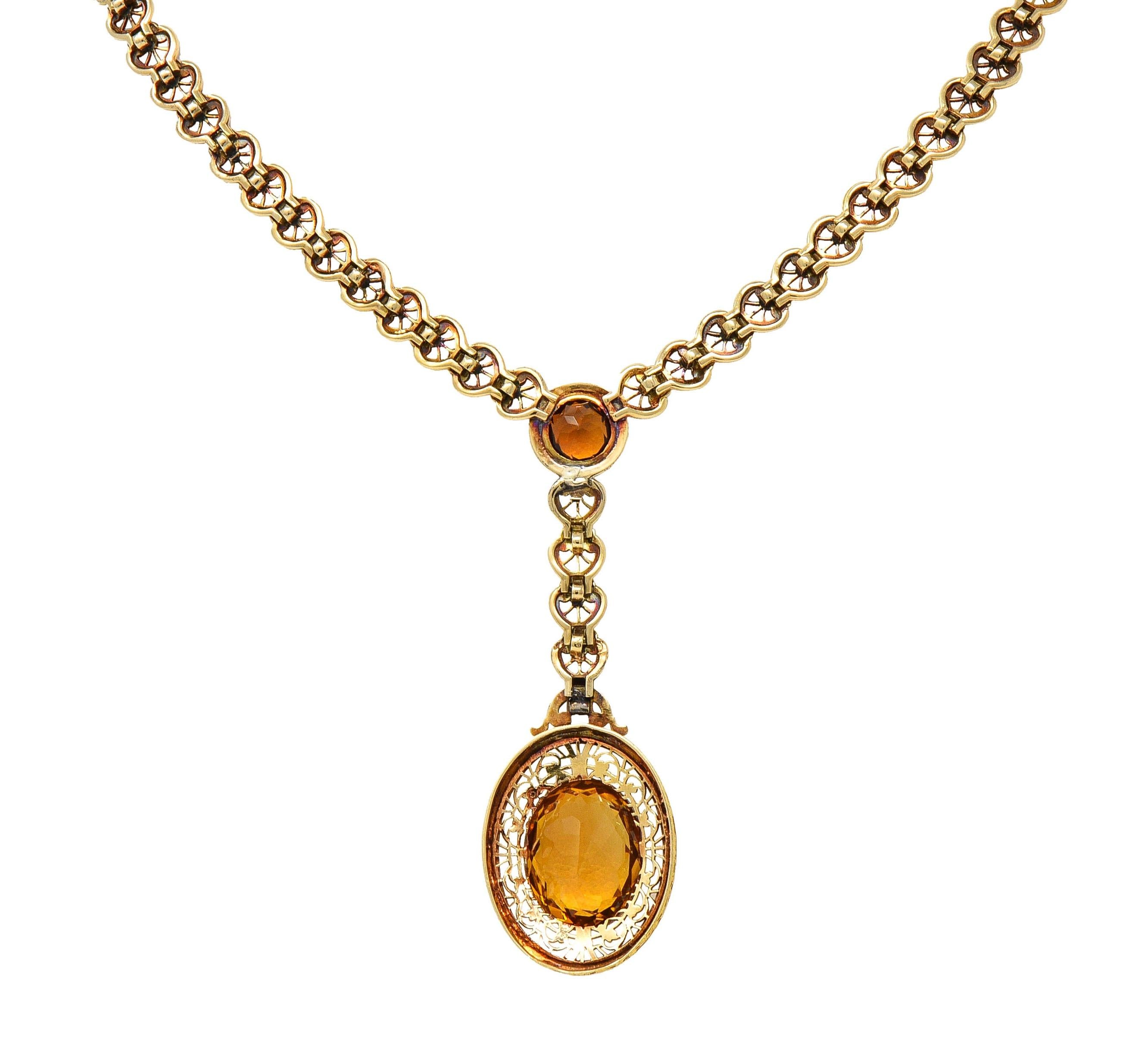 Art Deco Bippart & Co. Citrine 14 Karat Yellow Gold Antique Lotus Drop Necklace