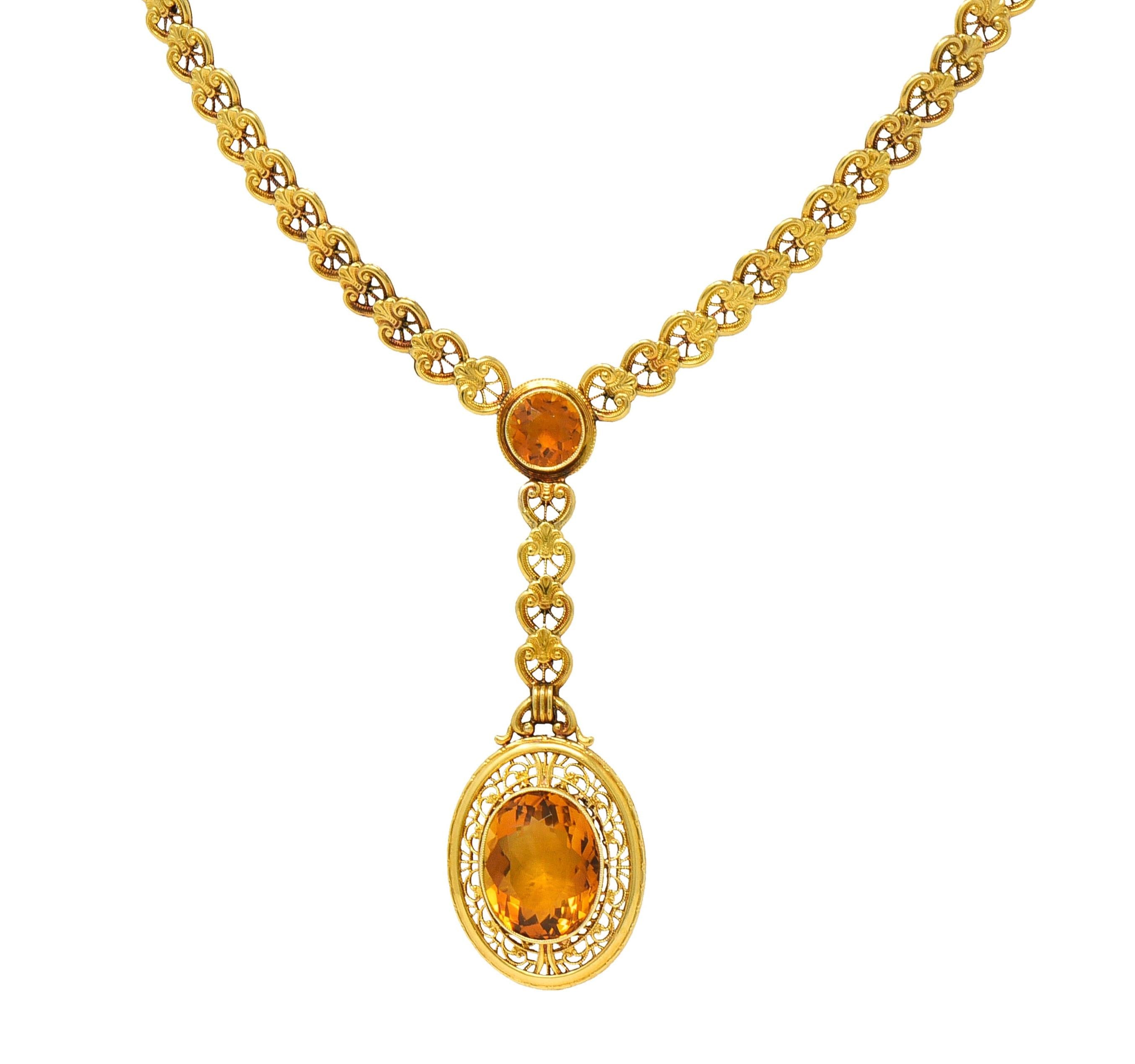 Art Deco Bippart & Co. Citrine 14 Karat Yellow Gold Antique Lotus Drop Necklace