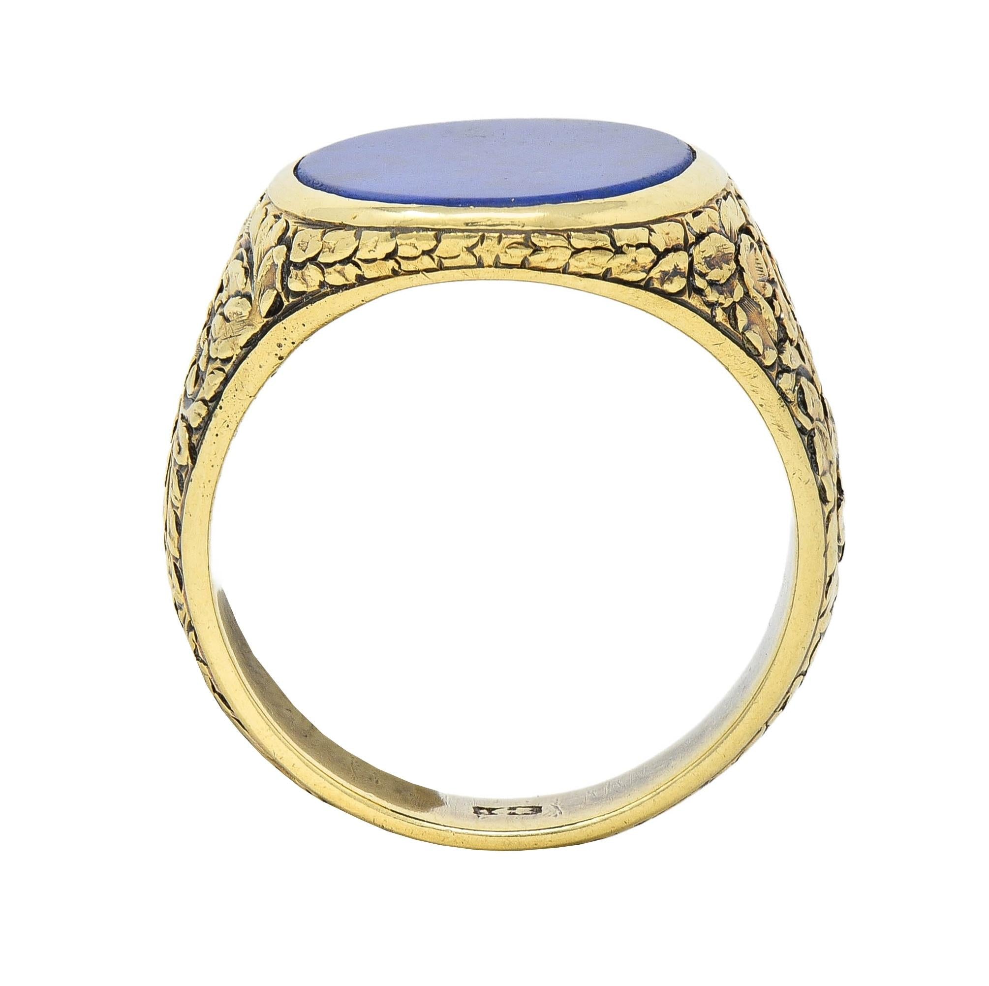 Victorian Lapis Lazuli 14 Karat Yellow Gold Floral Unisex Signet Ring