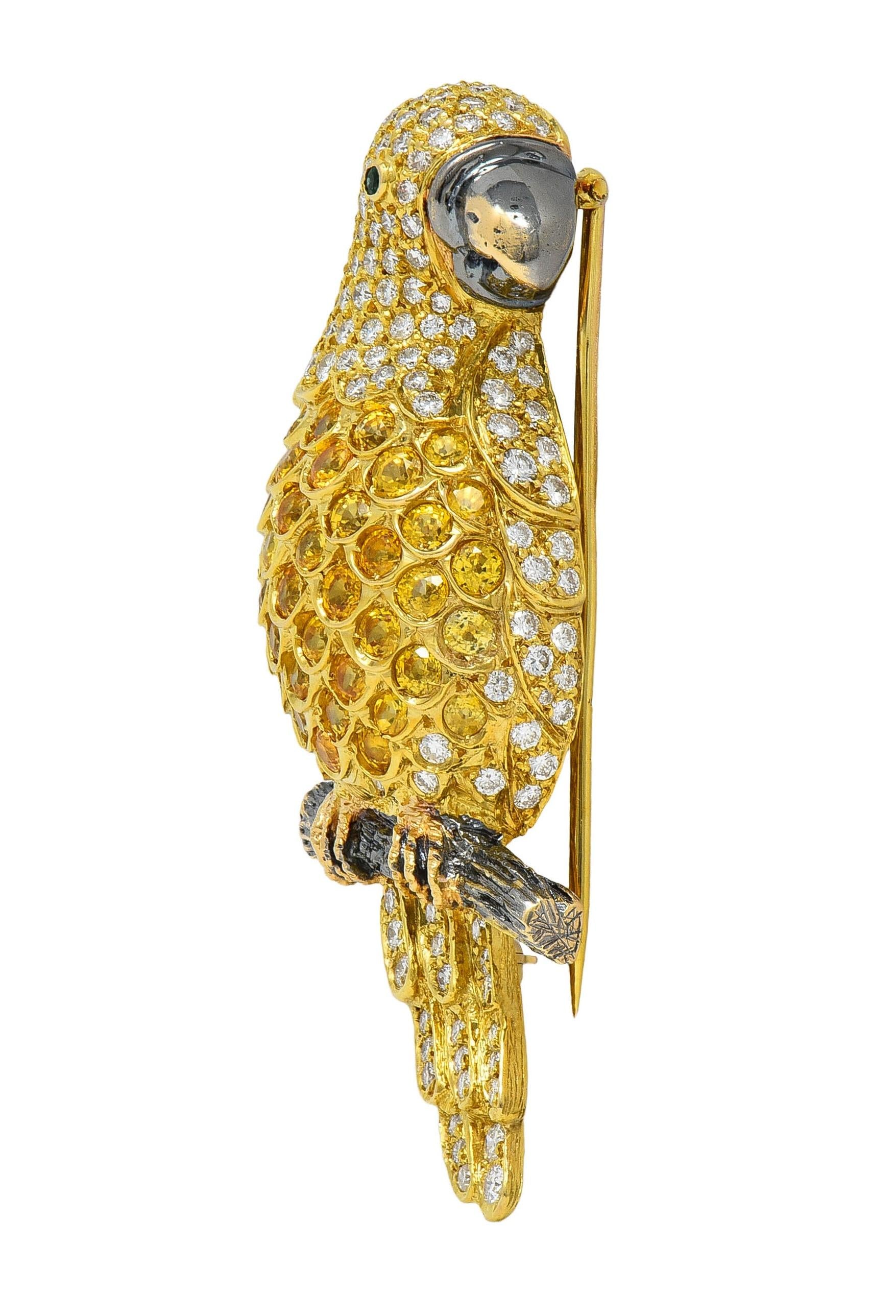 Contemporary 8.50 CTW Yellow Sapphire Diamond 18K Gold Vintage Parrot Brooch