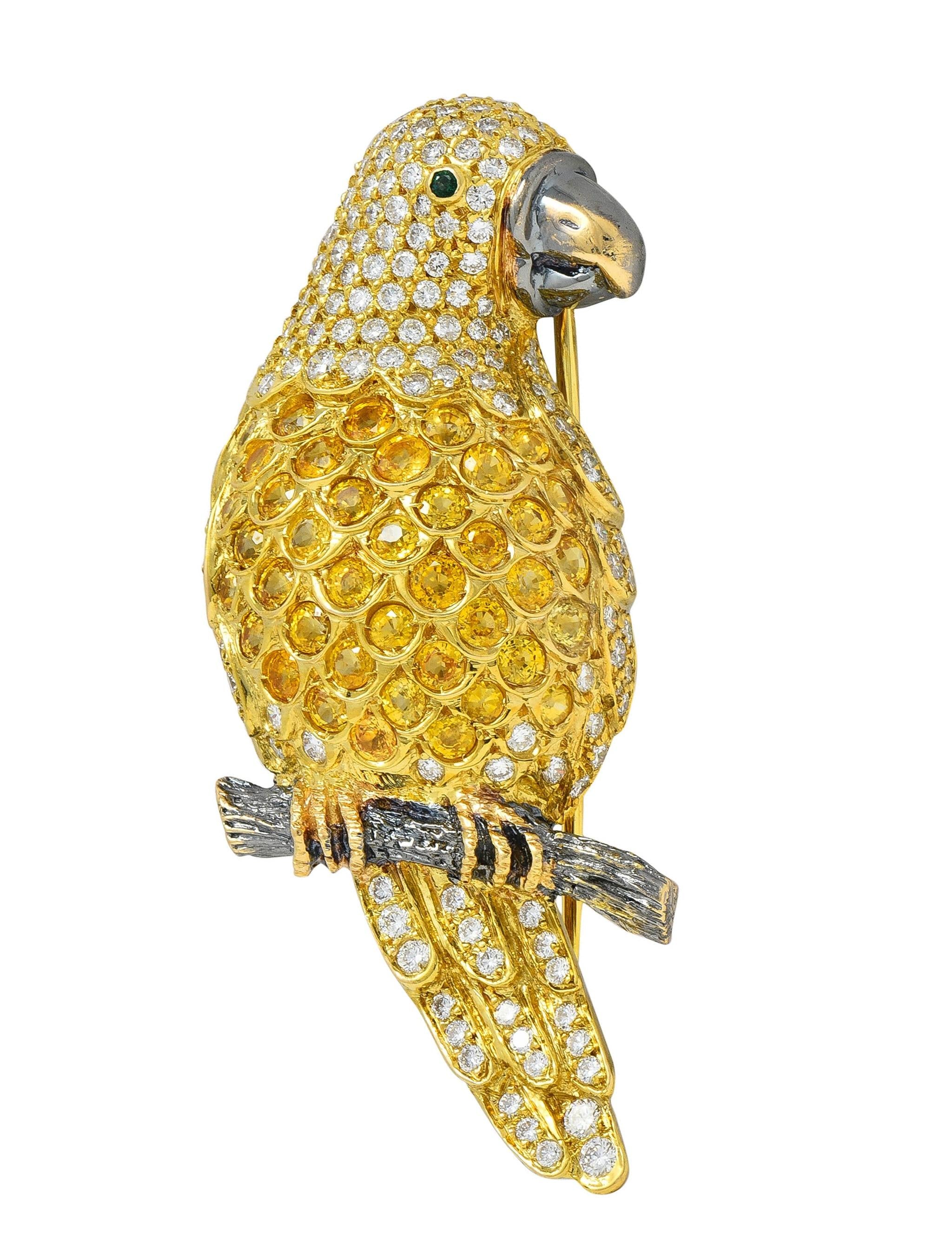 Contemporary 8.50 CTW Yellow Sapphire Diamond 18K Gold Vintage Parrot Brooch