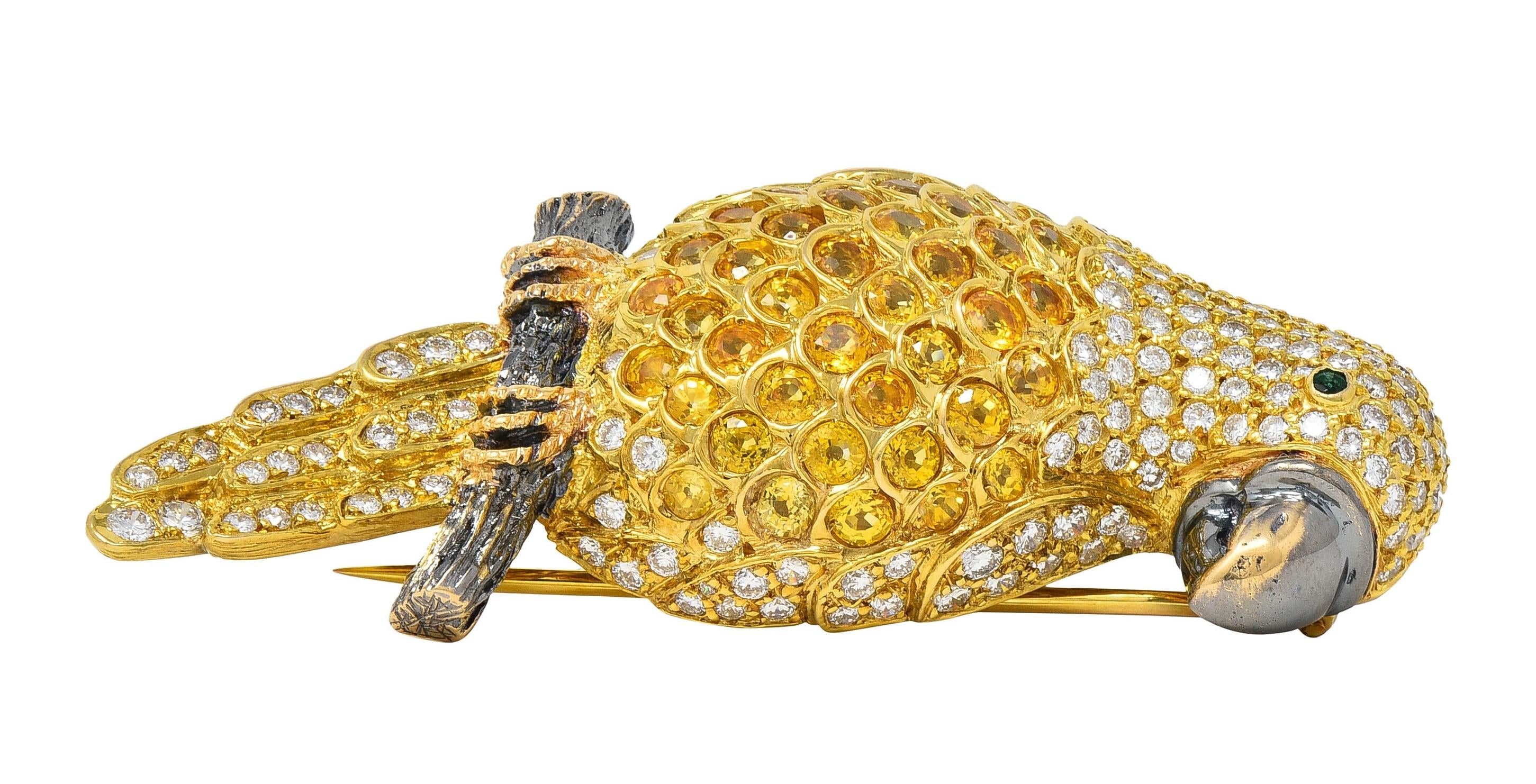 Contemporary 8.50 CTW Yellow Sapphire Diamond 18K Gold Vintage Parrot Brooch