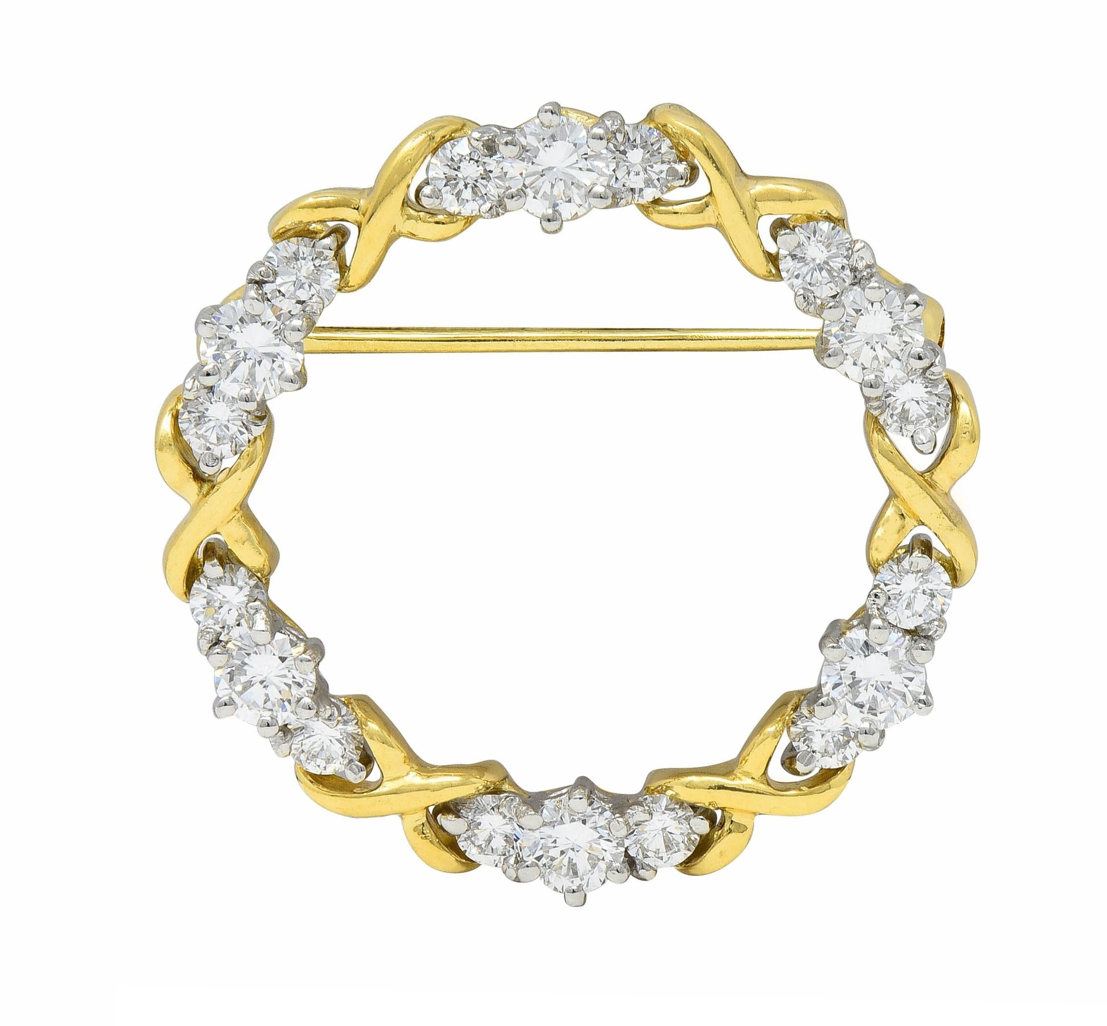 McTeigue 1960's 2.16 CTW Diamond 18 Karat Two-Tone Gold Vintage Circle Brooch