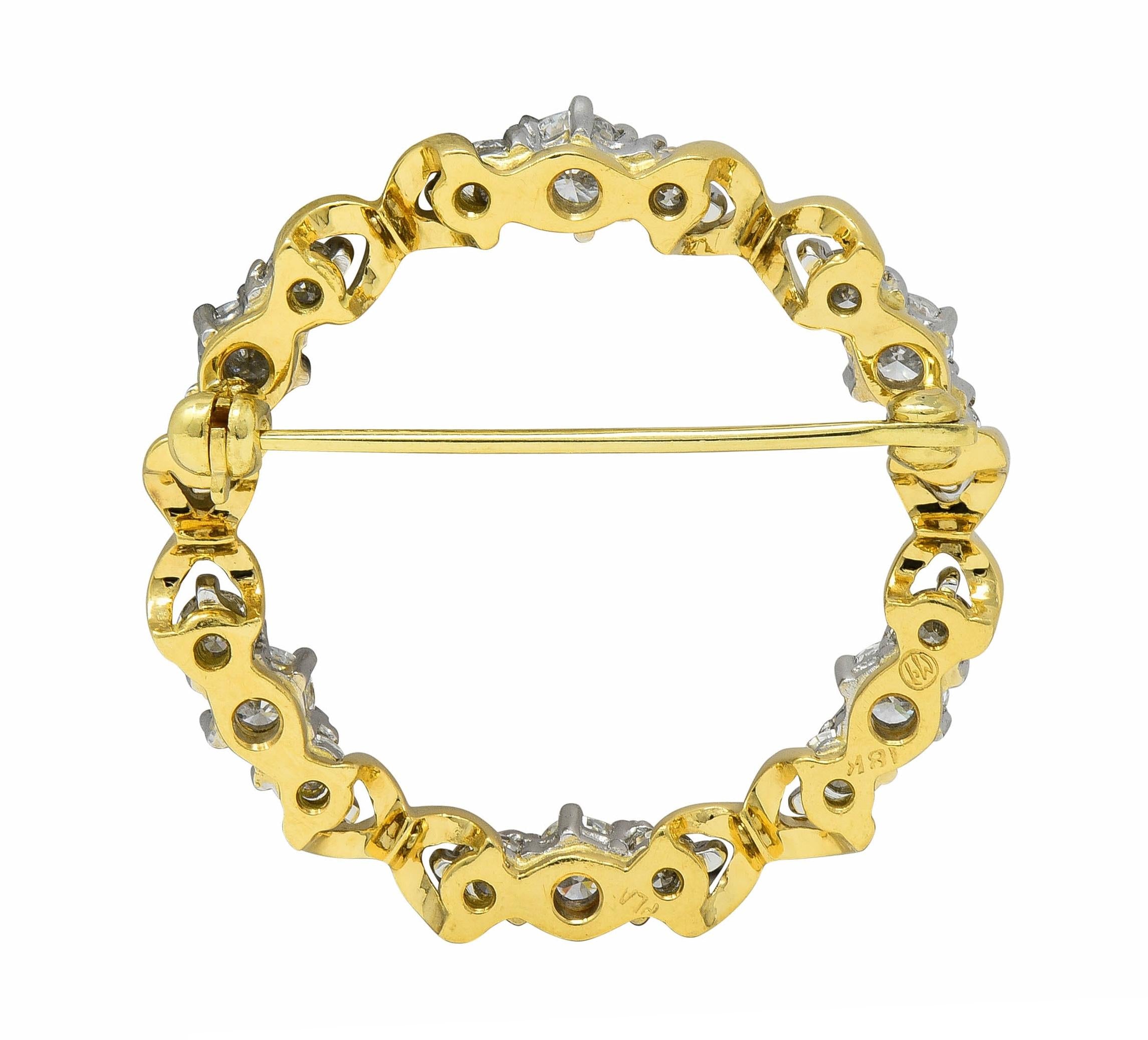 McTeigue 1960's 2.16 CTW Diamond 18 Karat Two-Tone Gold Vintage Circle Brooch