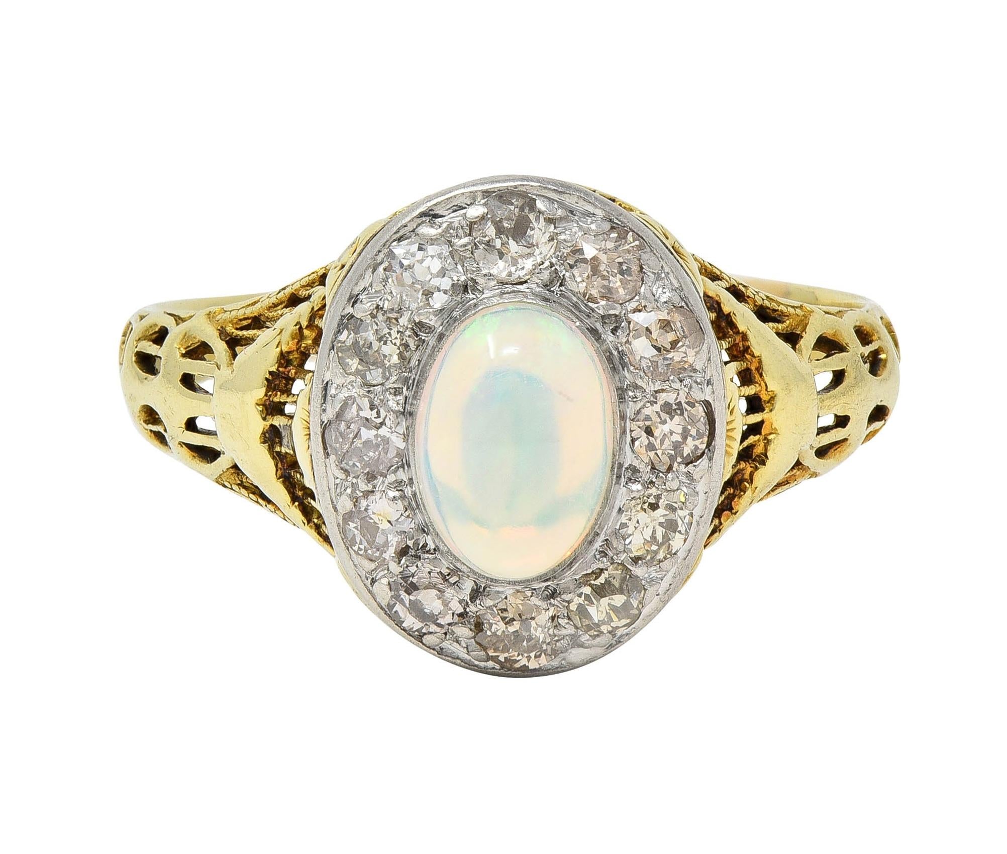 Edwardian Opal Diamond Platinum 14 Karat Gold Antique Garland Halo Ring