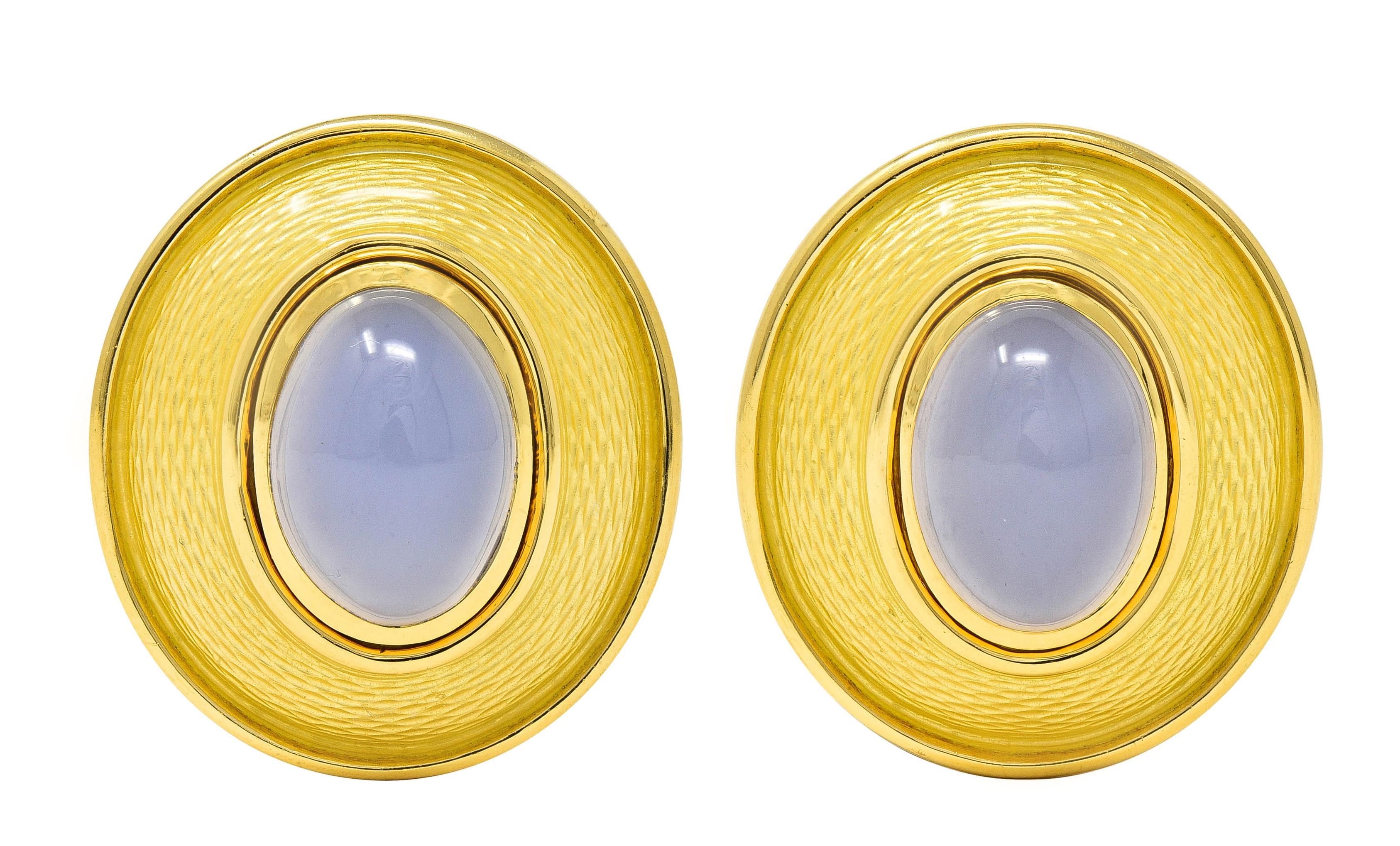 DeVroomen 1998 Blue Chalcedony Enamel 18K Yellow Gold Vintage Ear Clip Earrings