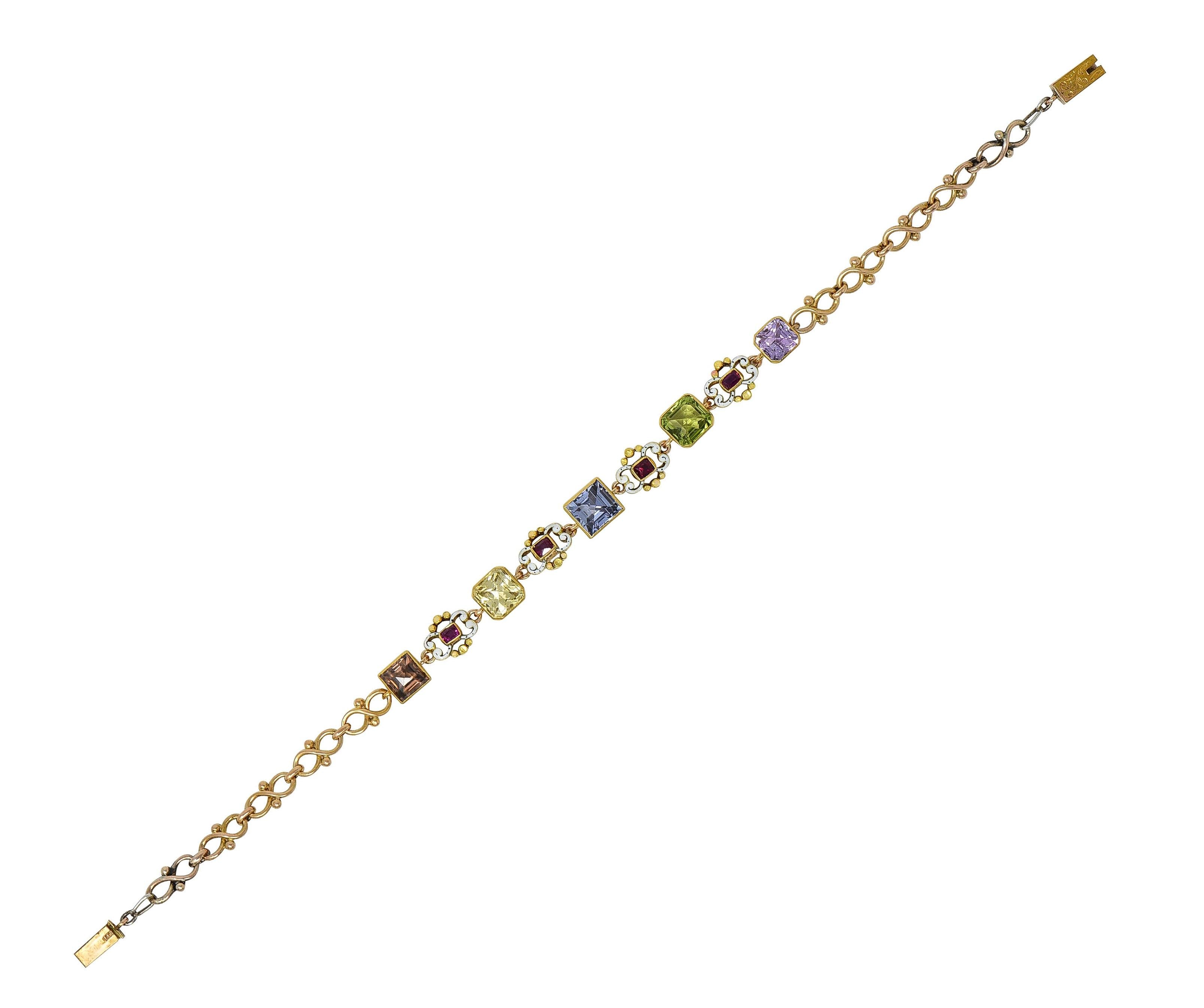 Victorian 12.72 CTW Multi-Gem Enamel 18 Karat Yellow Gold Antique Link Bracelet