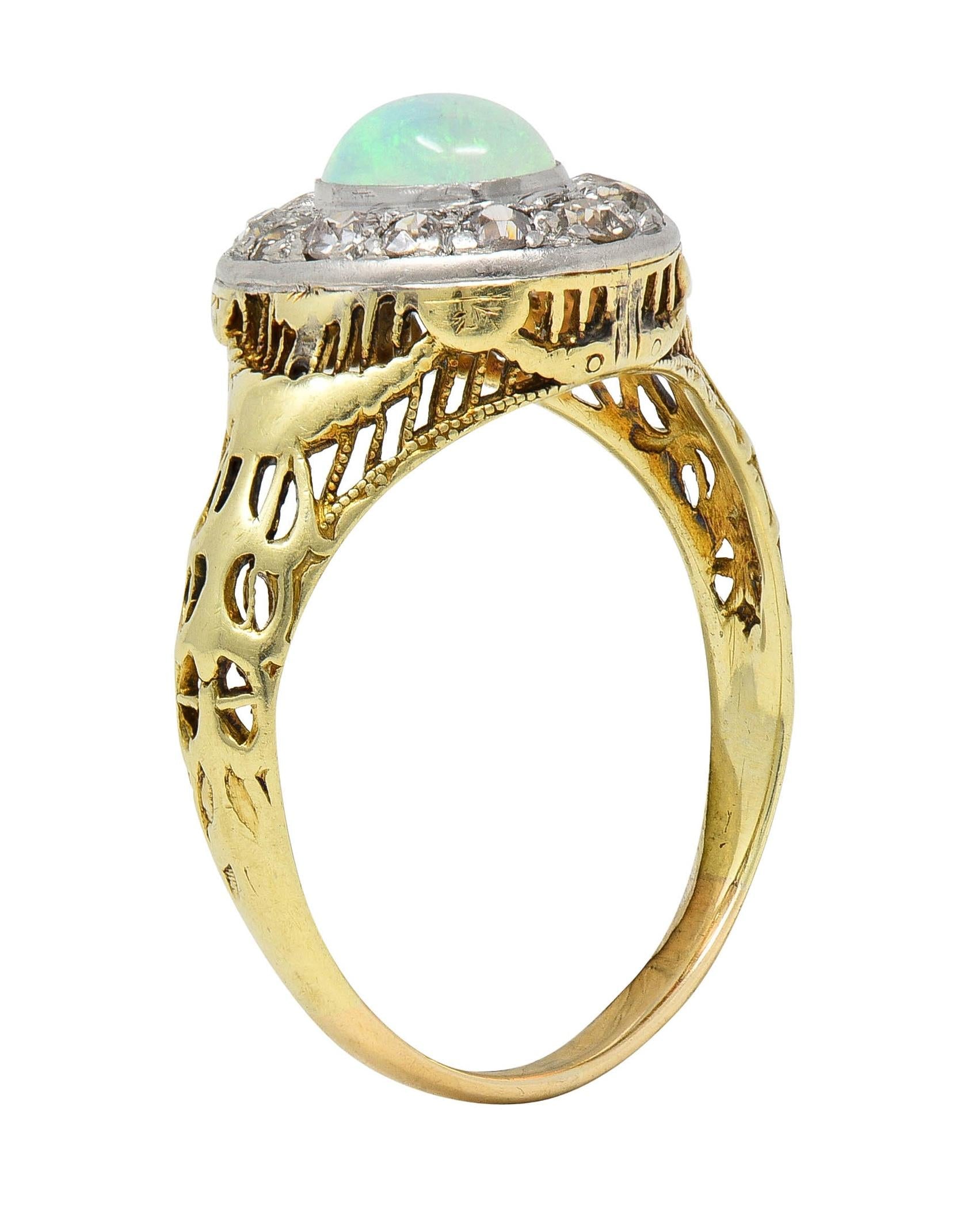 Edwardian Opal Diamond Platinum 14 Karat Gold Antique Garland Halo Ring