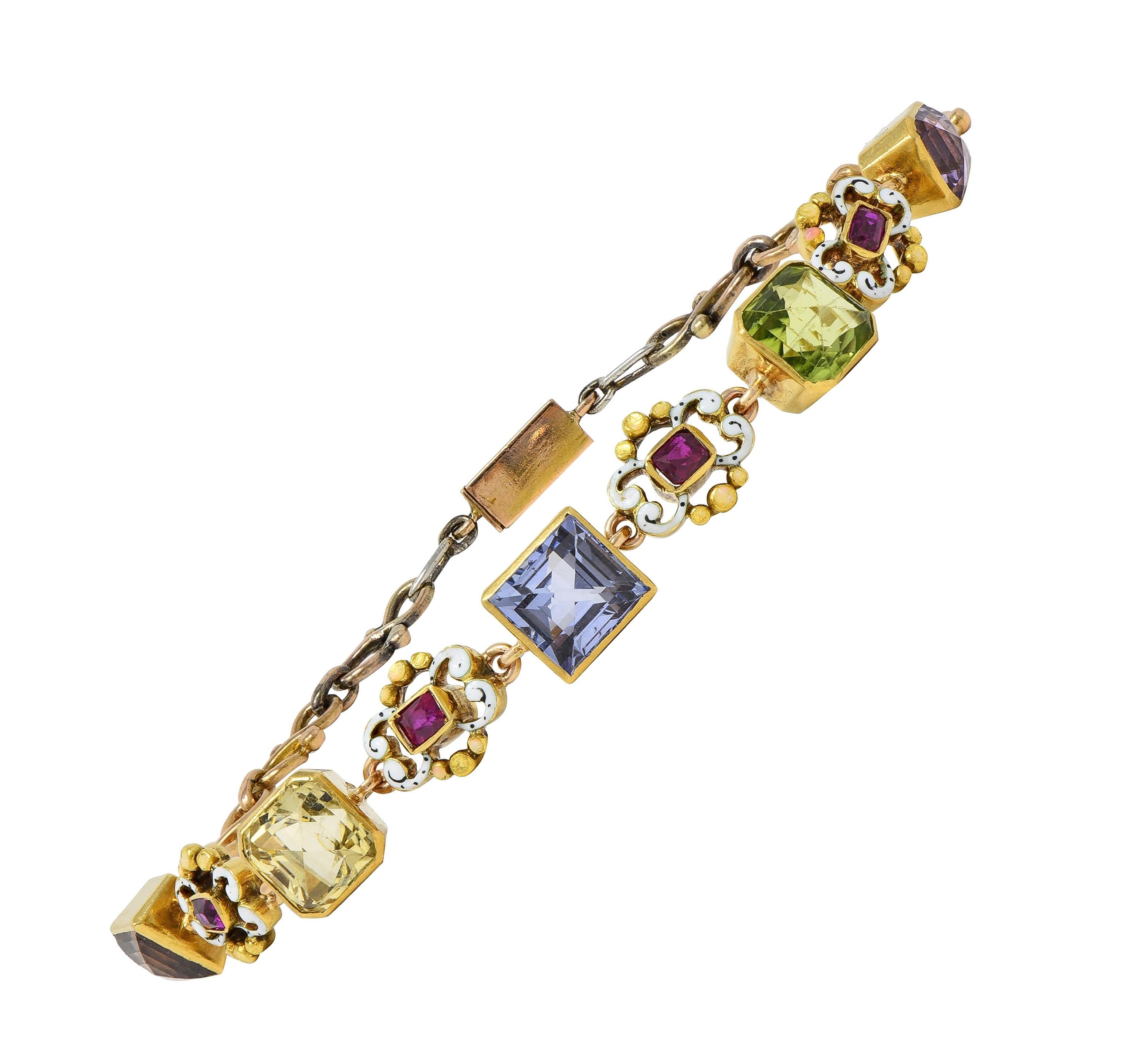 Victorian 12.72 CTW Multi-Gem Enamel 18 Karat Yellow Gold Antique Link Bracelet