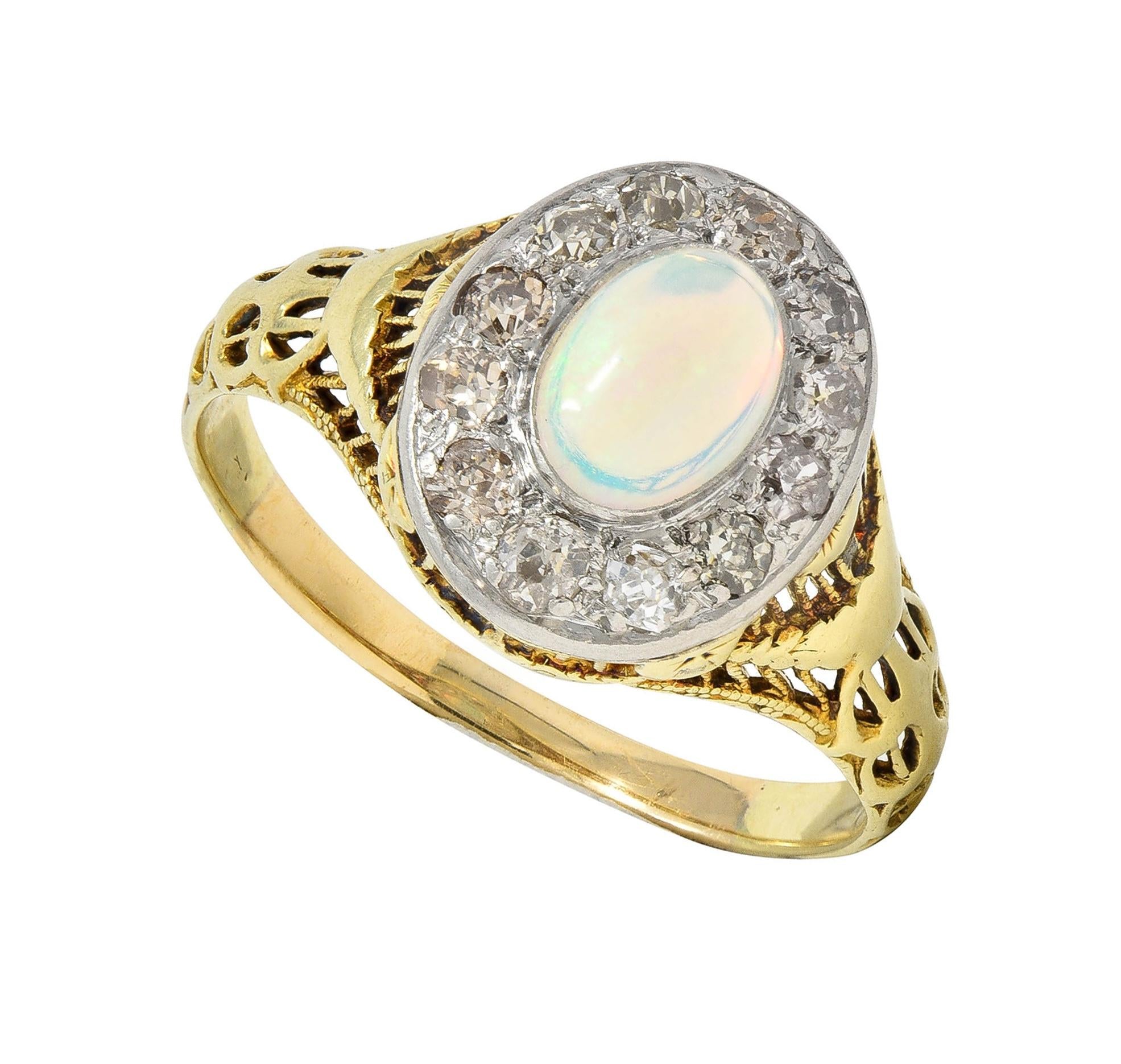 Edwardian Opal Diamond Platinum 14 Karat Gold Antique Garland Halo Ring