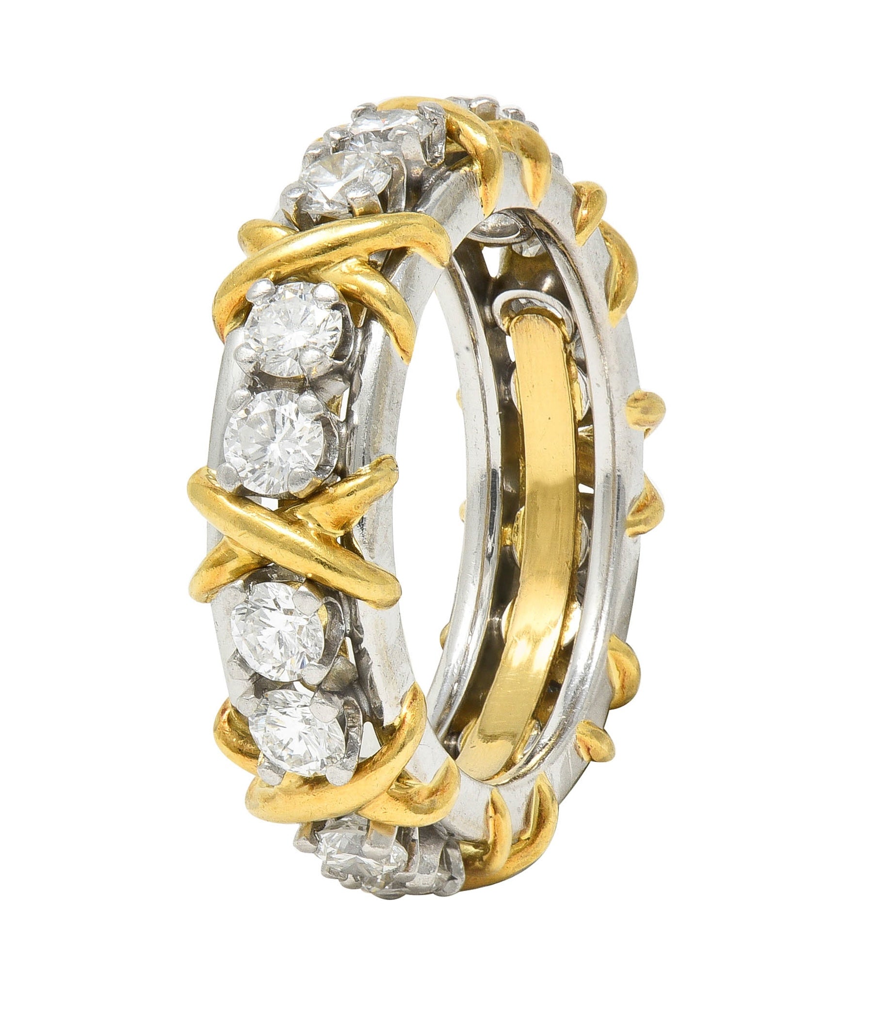 Jean Schlumberger Sixteen Stone Tiffany & Co. Diamond Platinum 18 Karat Gold X Band Ring Wilson's Estate Jewelry