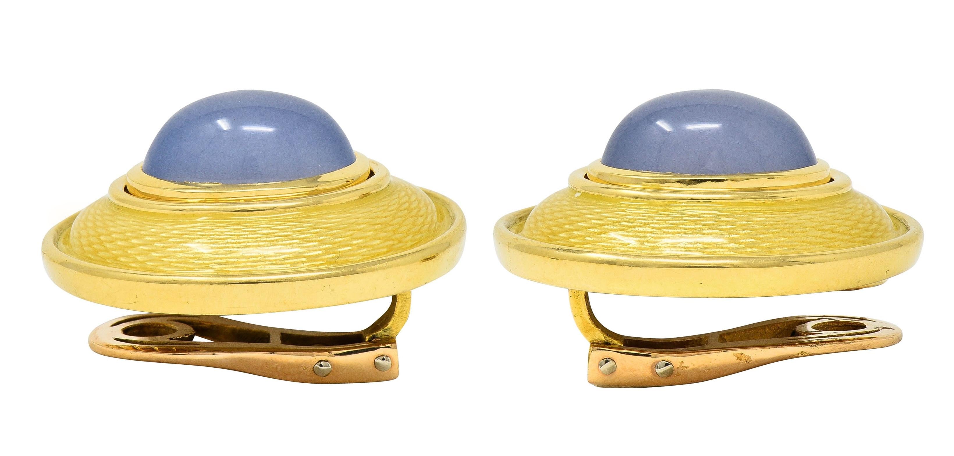 DeVroomen 1998 Blue Chalcedony Enamel 18K Yellow Gold Vintage Ear Clip Earrings