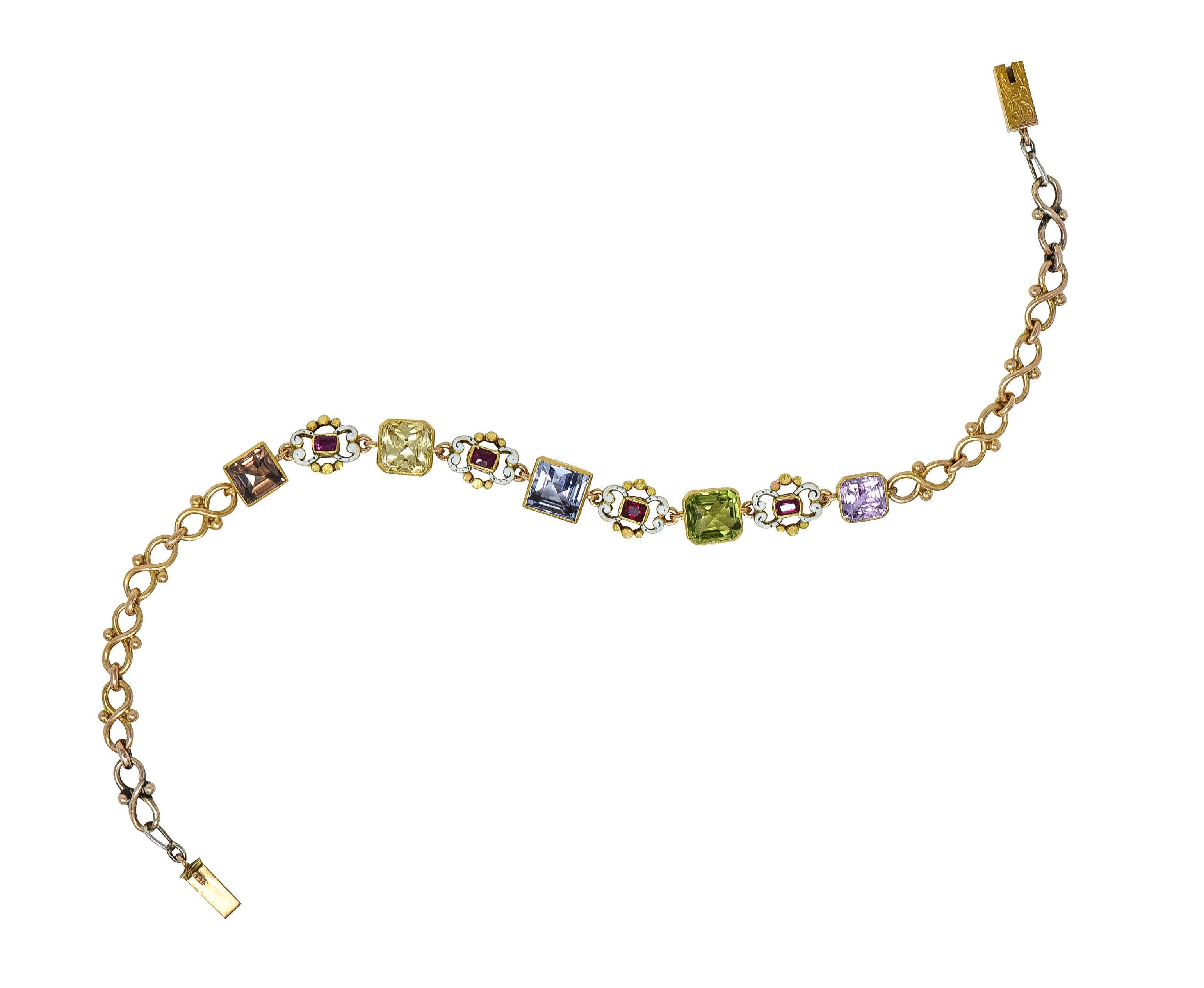 Victorian 12.72 CTW Multi-Gem Enamel 18 Karat Yellow Gold Antique Link Bracelet