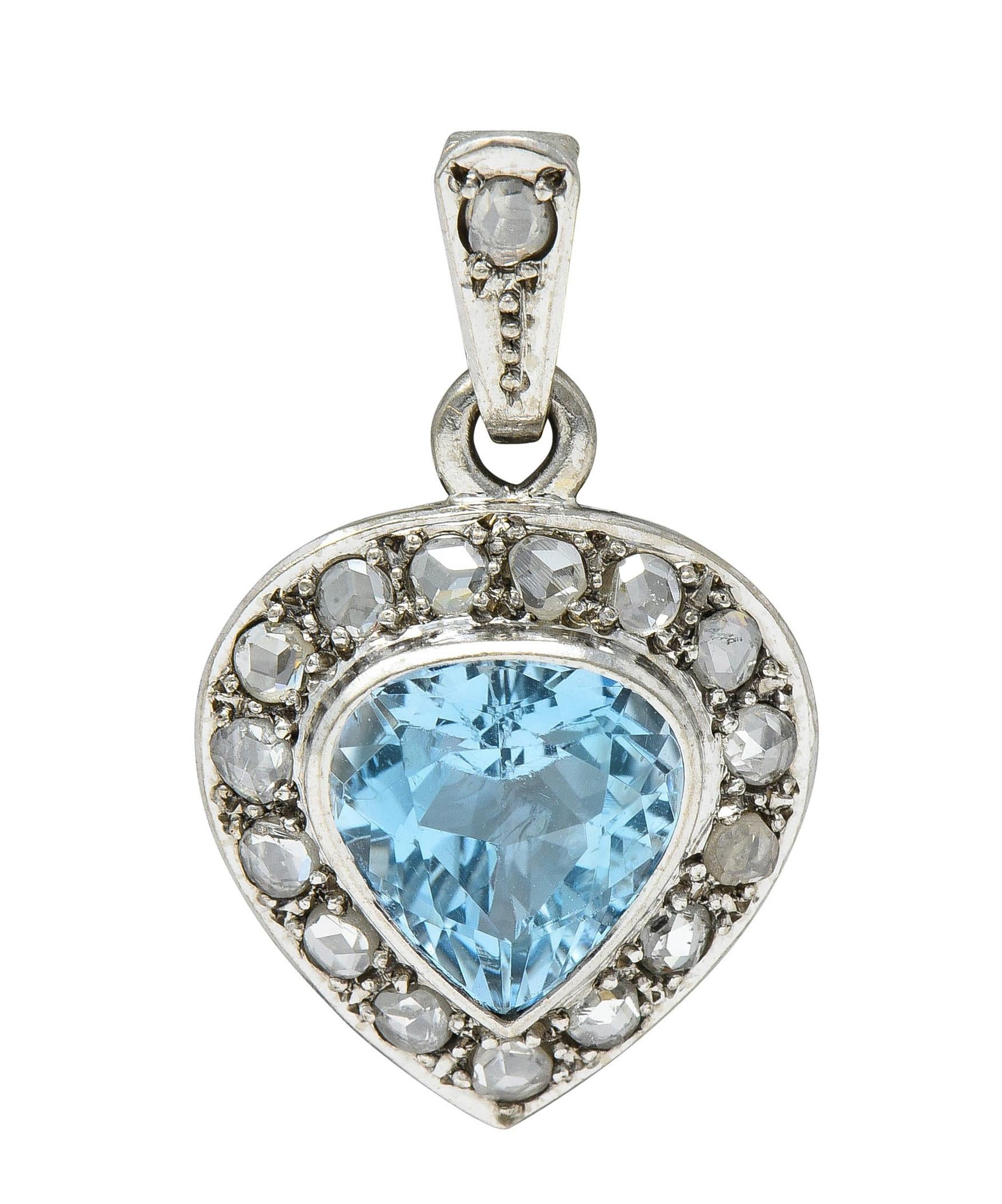 Art Deco 3.07 CTW Aquamarine Diamond 14 Karat White Gold Vintage Heart Pendant